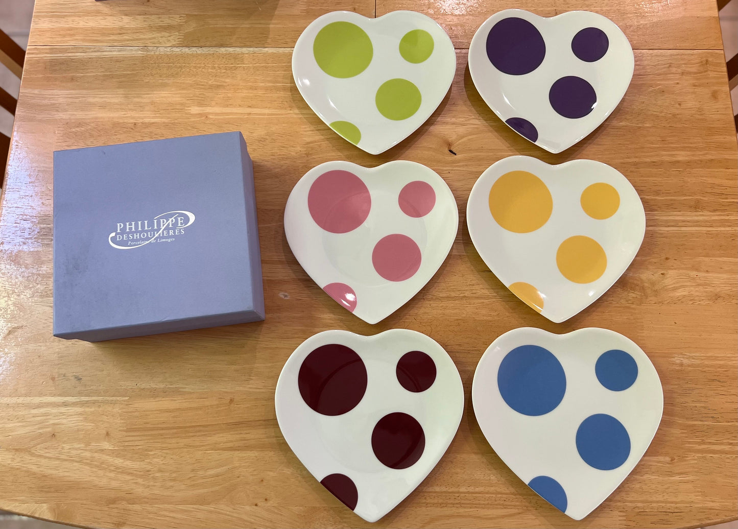 Full Set of Philippe Deshoulieres Limoges France Heart PolkaDot Porcelain Plates - Never used comes with original box