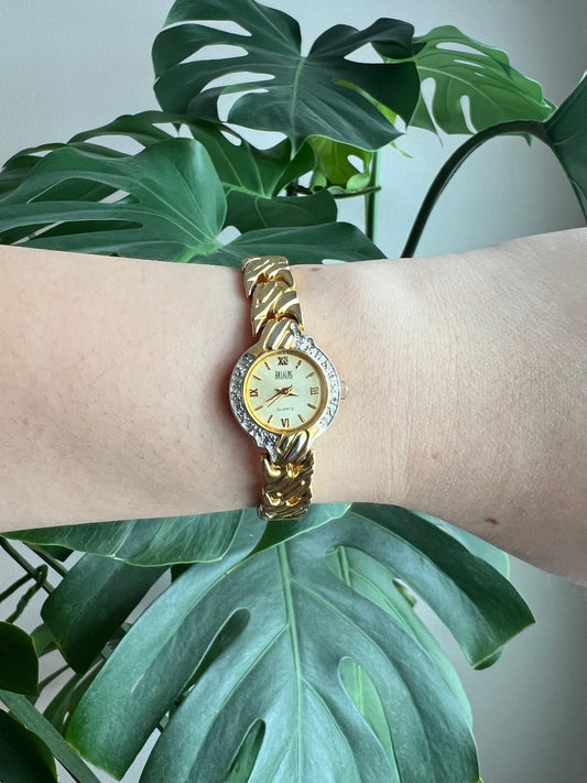 Vintage Bill Blass Dainty Women’s Watch | Round Gold Dial | Crystal Bezel | Gold Tone