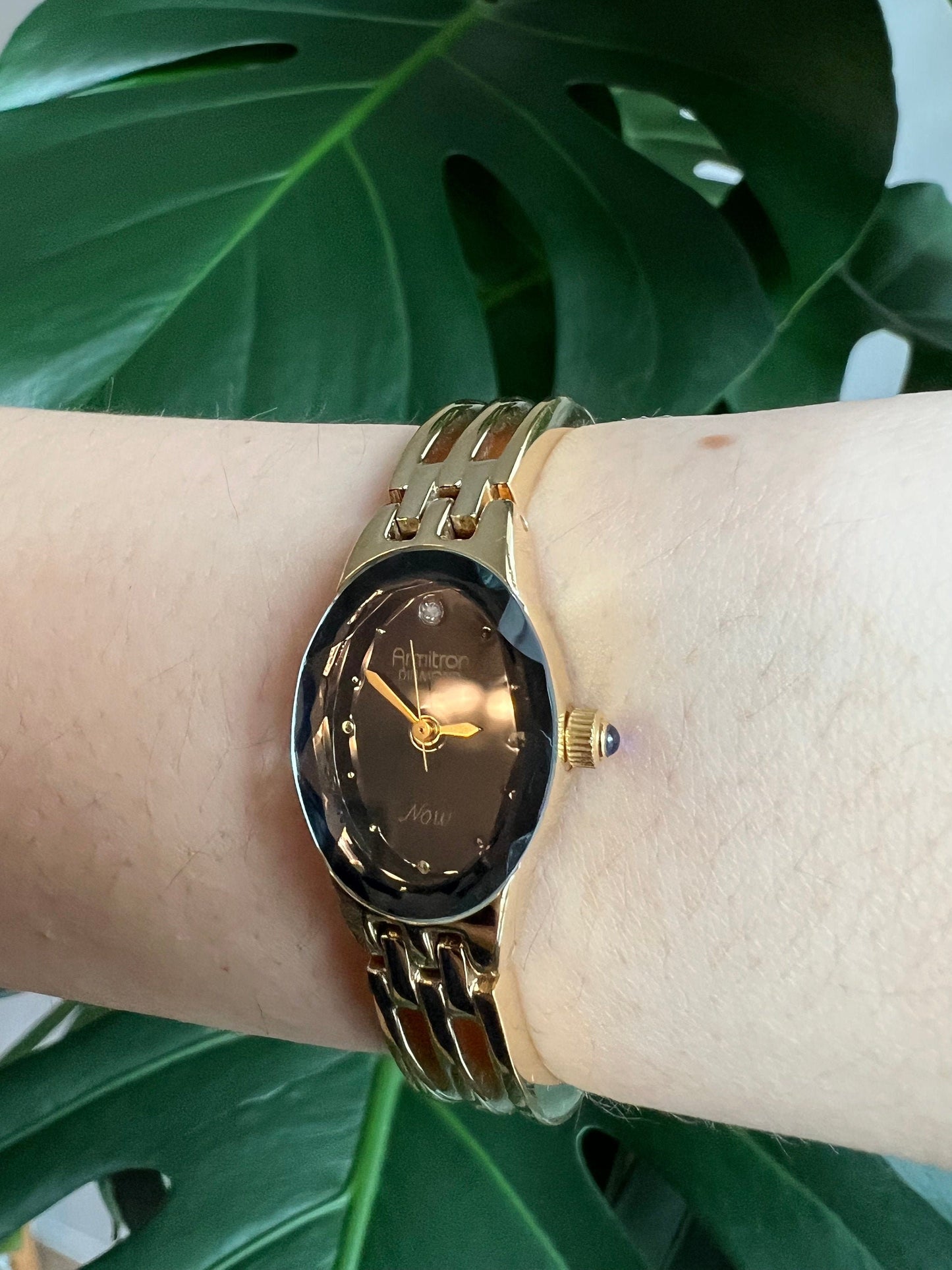 Vintage Armitron Diamond Dainty Women’s Watch | Black Oval Dial | Gold Tone