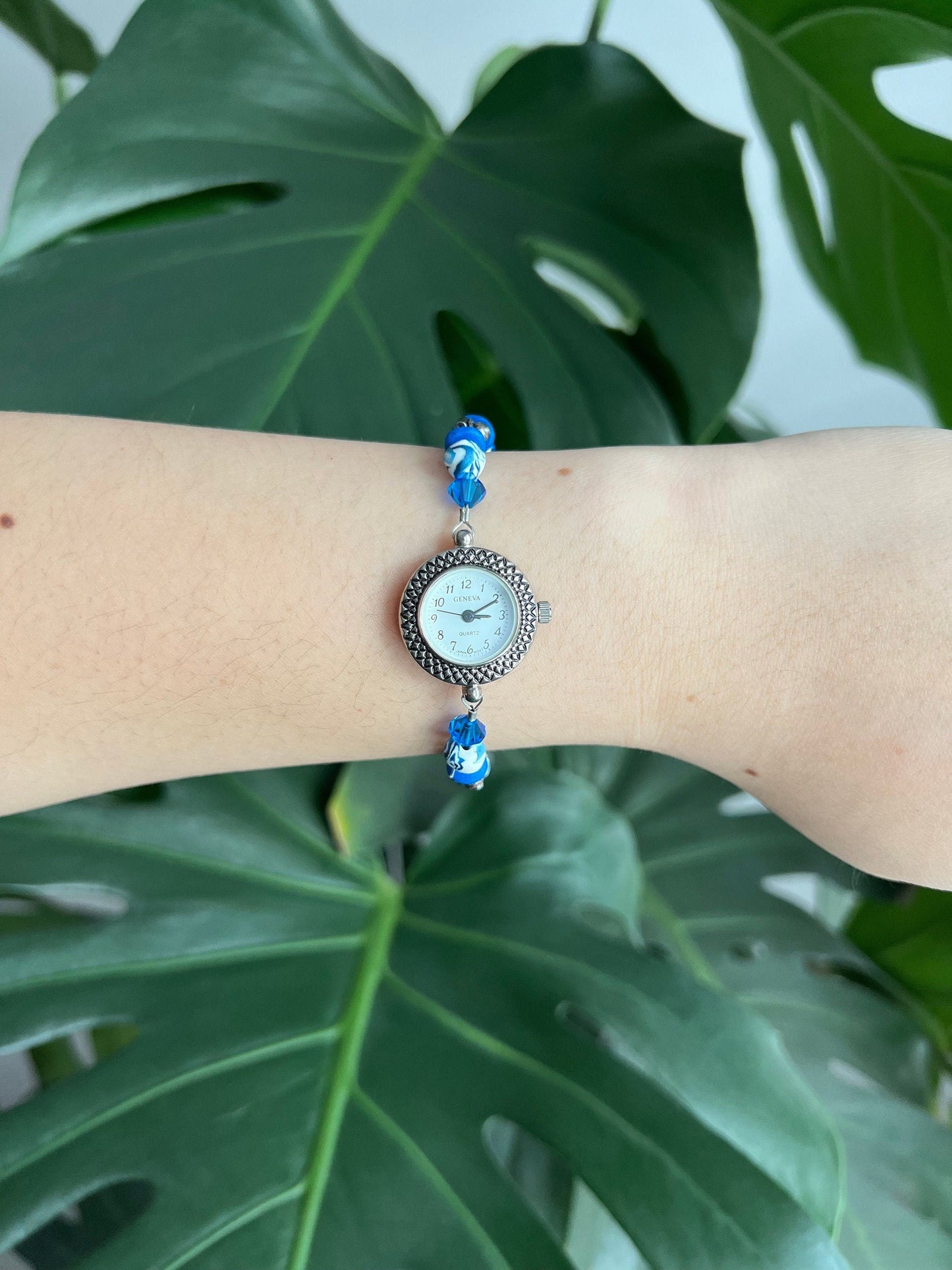 Vintage Geneva Dainty Women’s Watch | Round White Dial | Blue/White Bead Details | Silver Tone