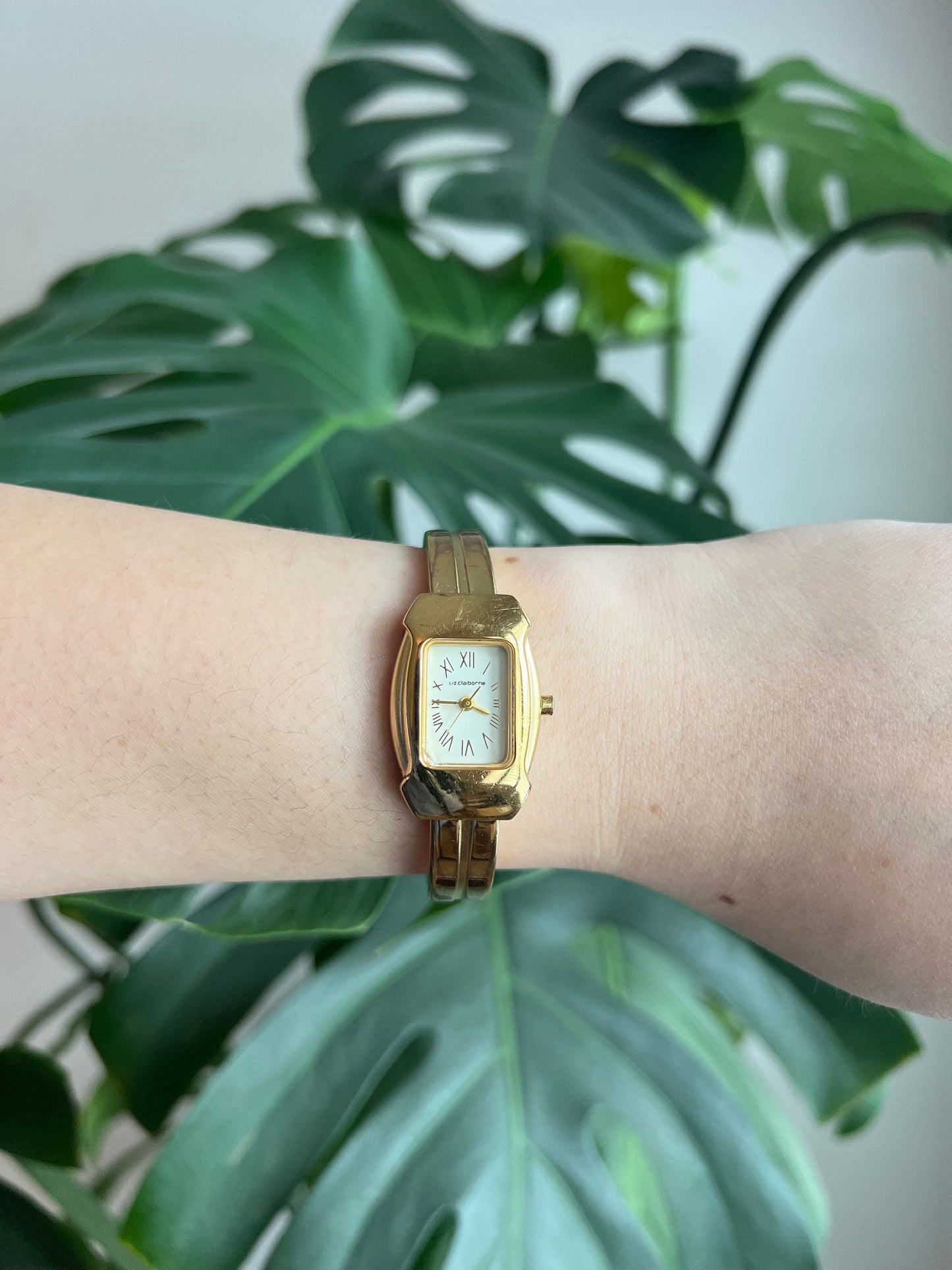 Vintage Liz Claiborne Dainty Women’s Watch | Boxy White Dial | Roman Numerals | Gold Tone | Bangle