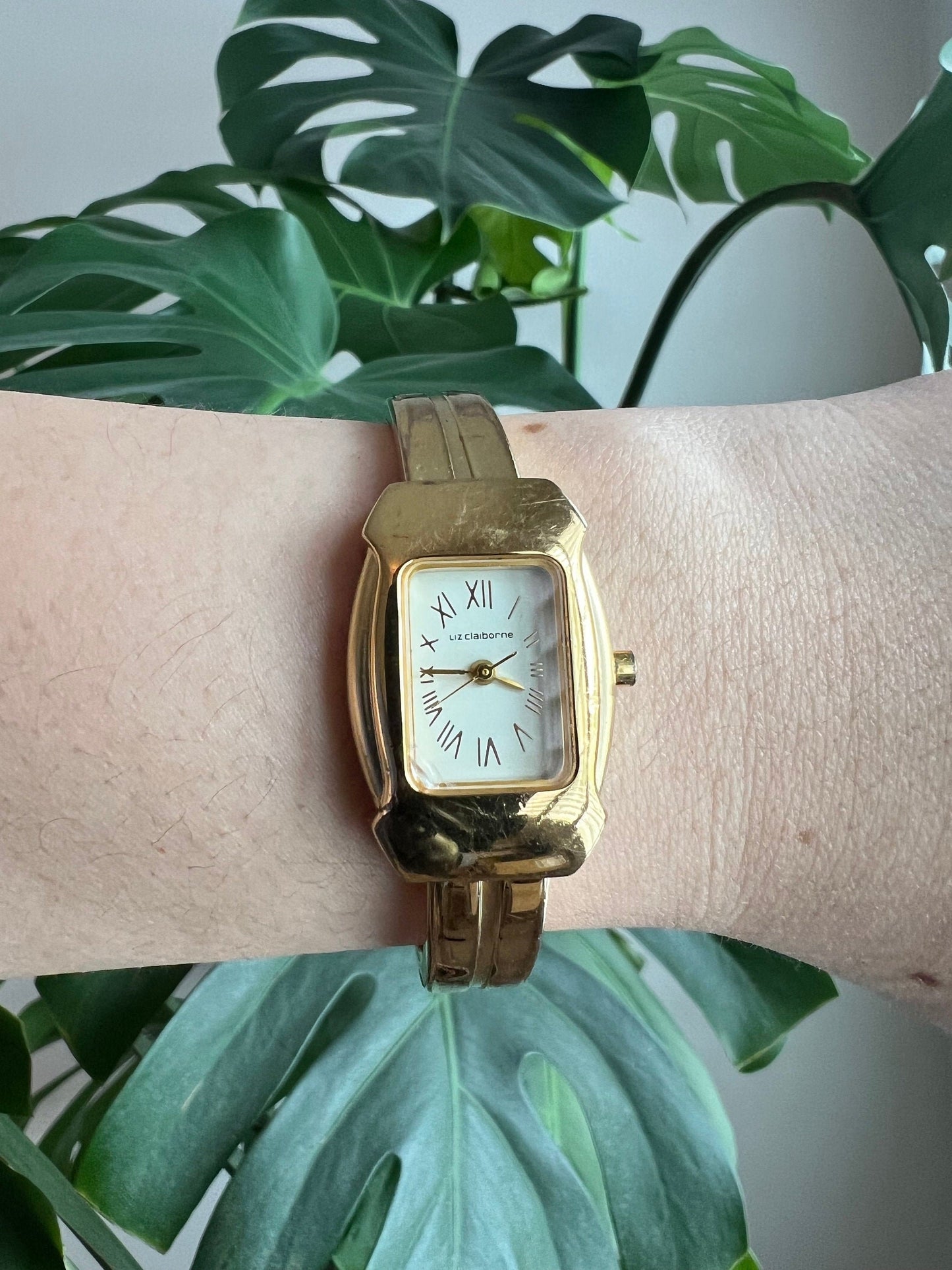 Vintage Liz Claiborne Dainty Women’s Watch | Boxy White Dial | Roman Numerals | Gold Tone | Bangle