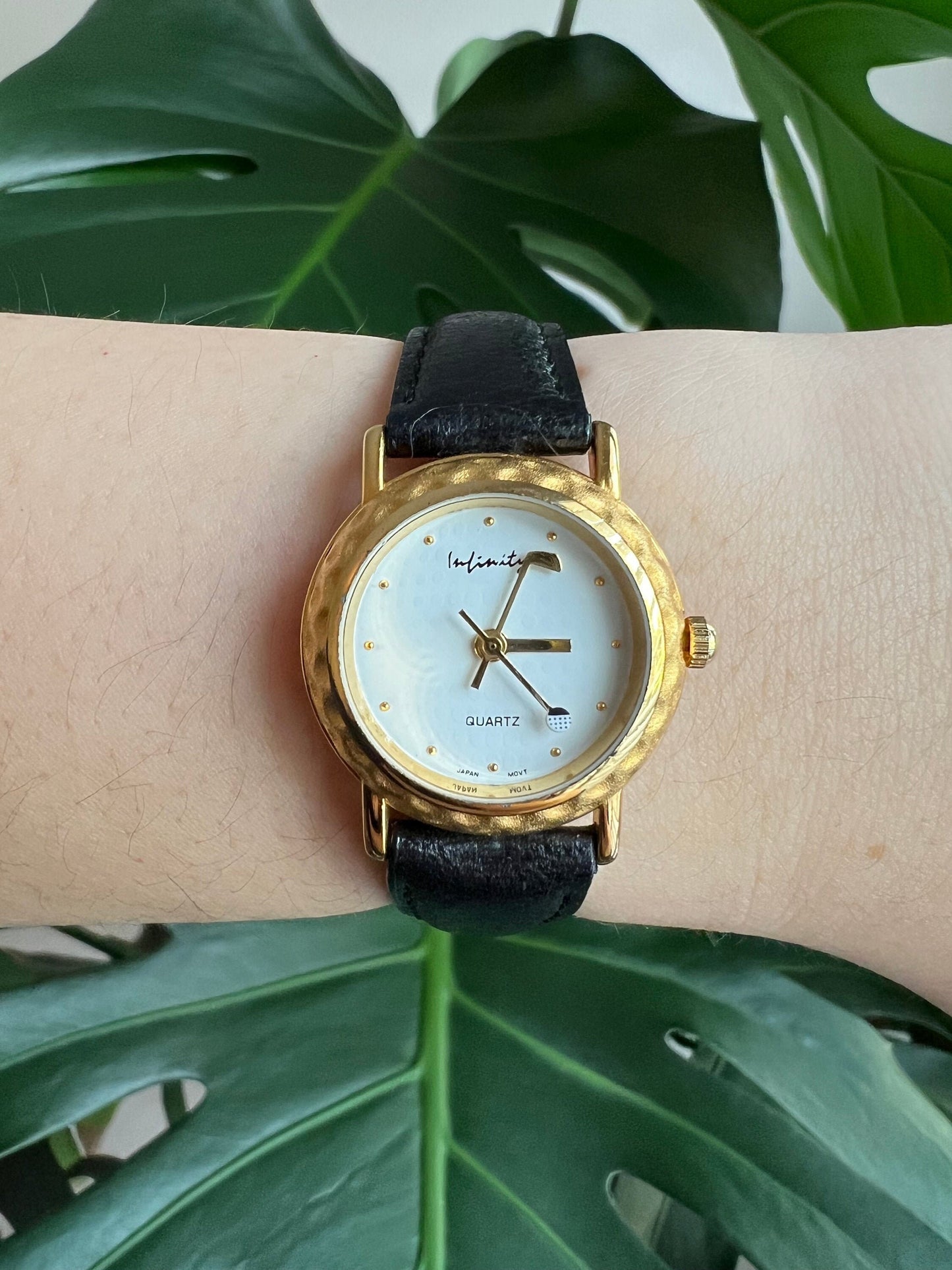 Vintage Infinity Dainty Women’s Watch | White Round Dial | Golf Details | Gold Tone | Black Leather Straps