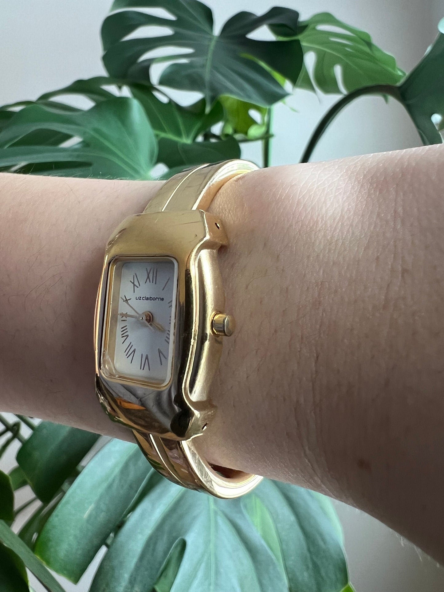 Vintage Liz Claiborne Dainty Women’s Watch | Boxy White Dial | Roman Numerals | Gold Tone | Bangle