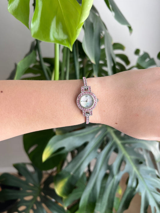 Vintage Quartz Dainty Watch | Silver Tone | Pink Crystal Bezel