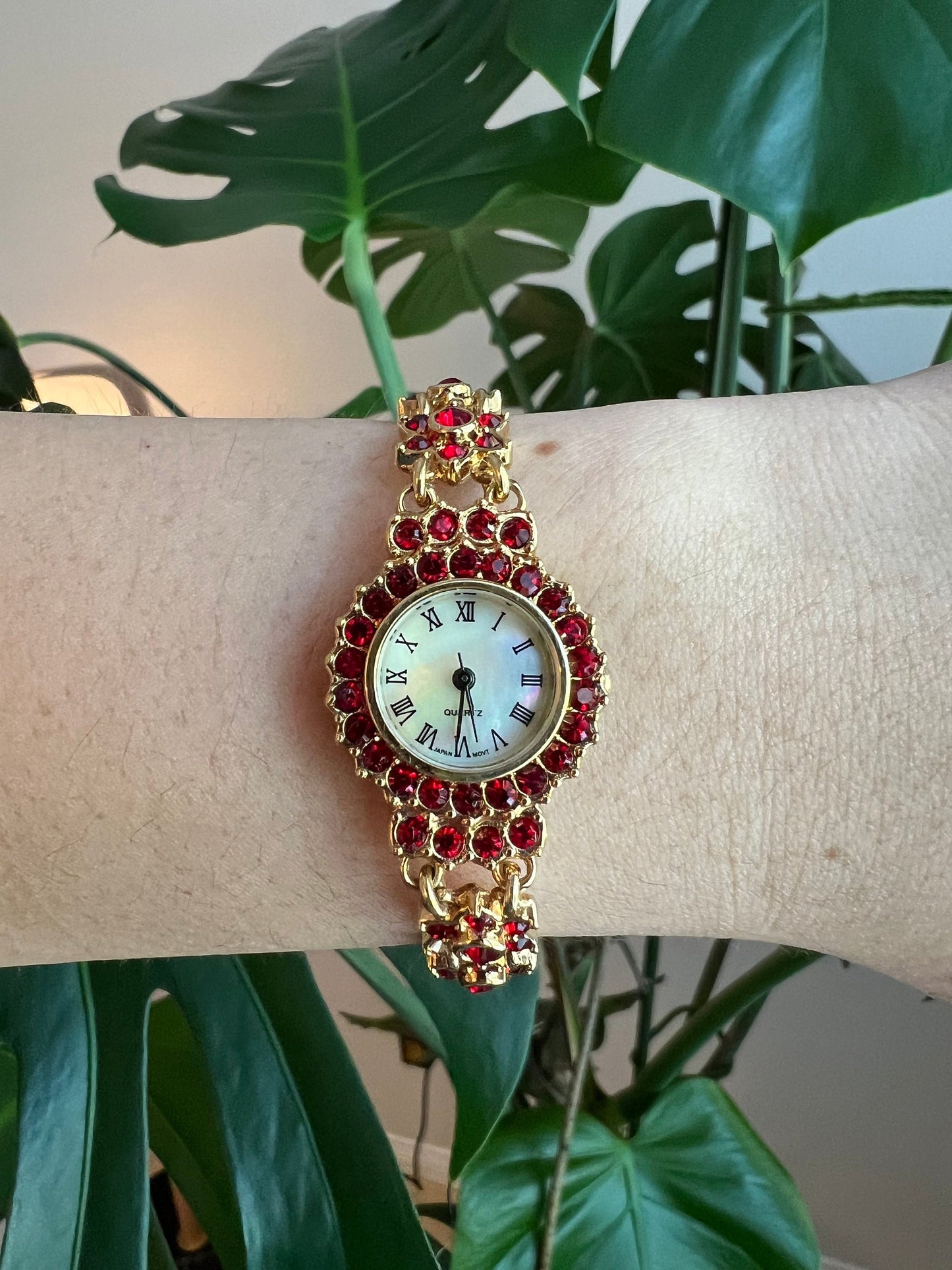 Vintage Dainty Quartz Women’s Watch | Round Pearl Dial | Red Crystals | Roman Numerals | Gold Tone