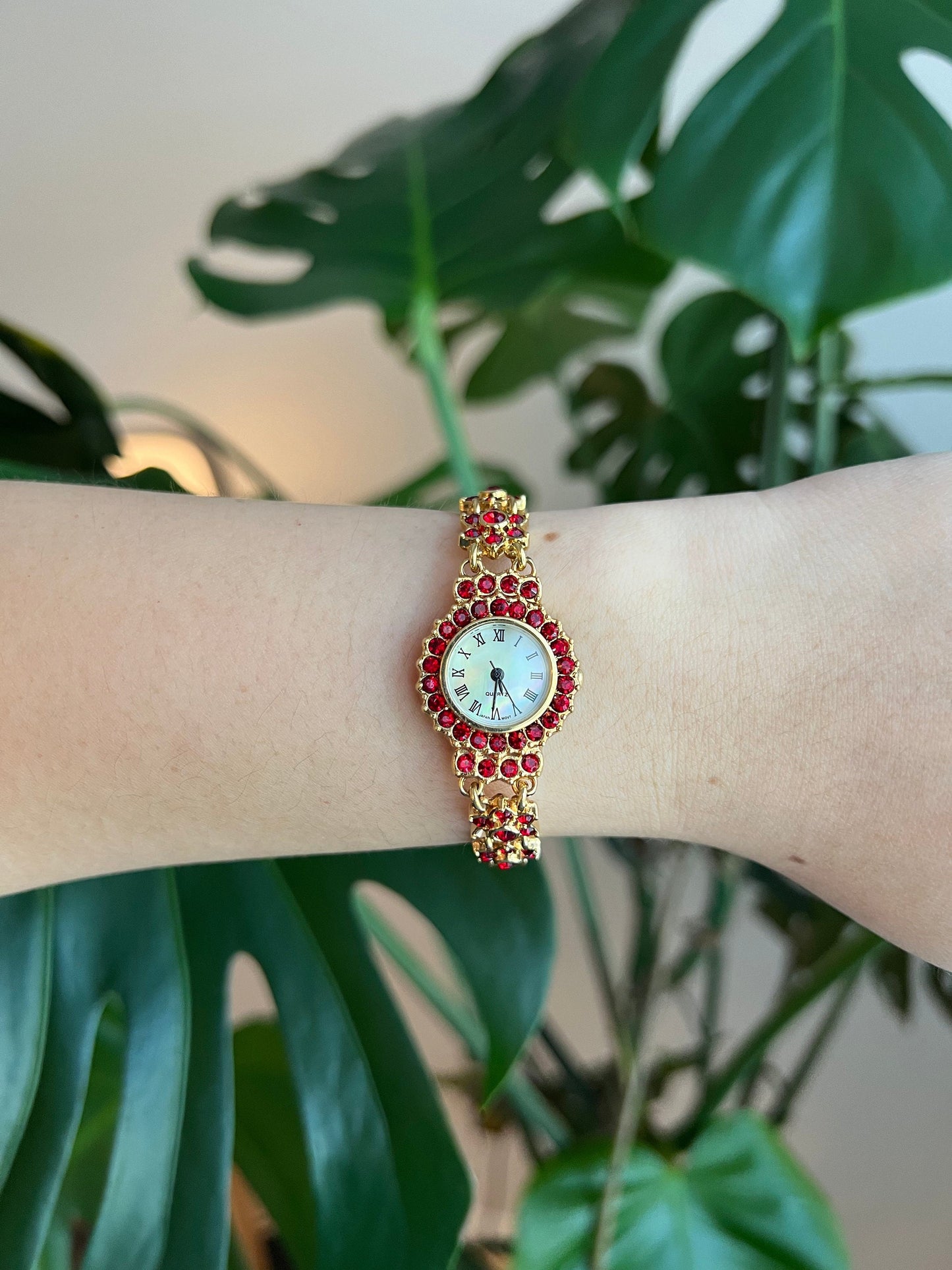 Vintage Dainty Quartz Women’s Watch | Round Pearl Dial | Red Crystals | Roman Numerals | Gold Tone