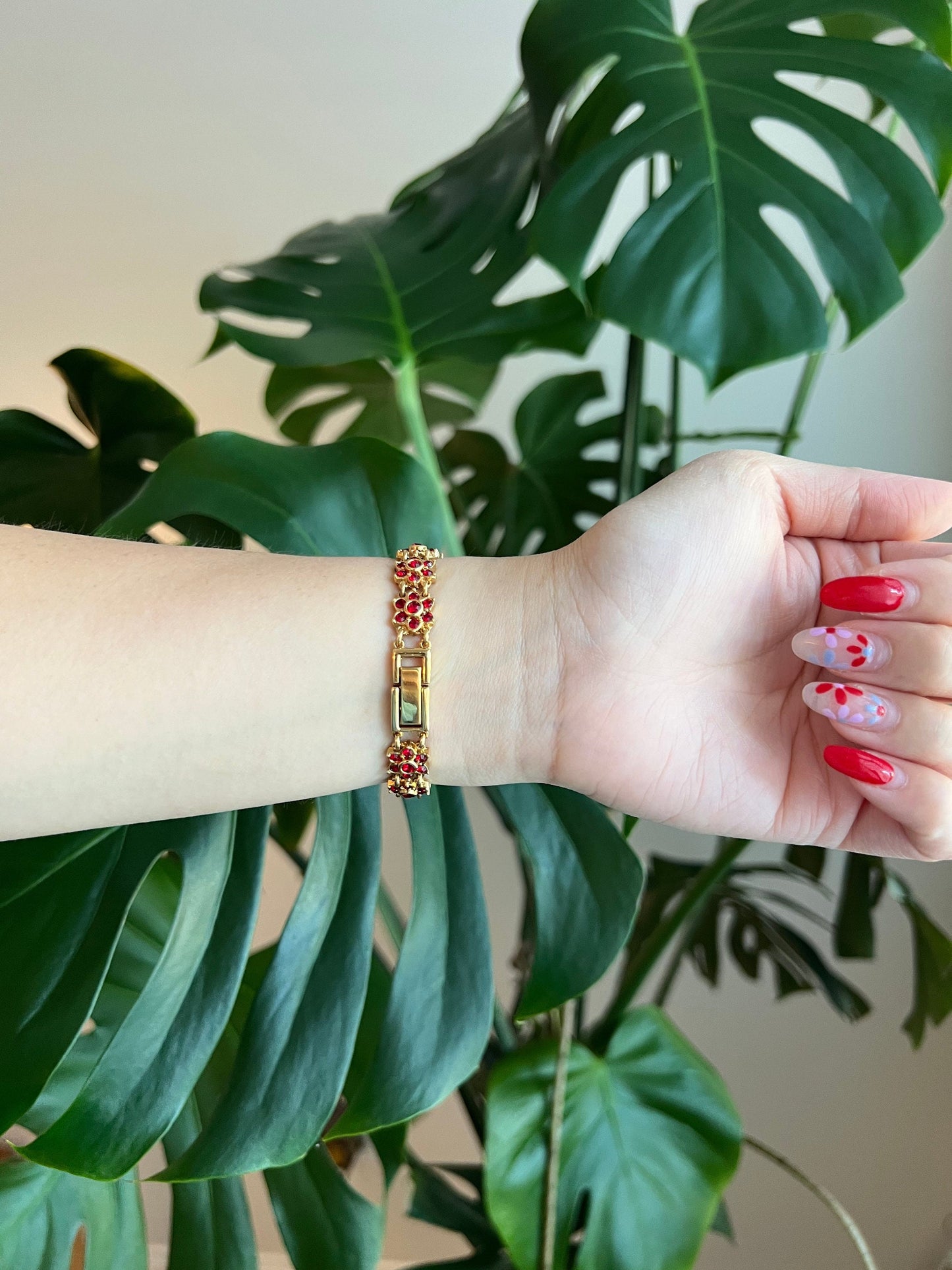 Vintage Dainty Quartz Women’s Watch | Round Pearl Dial | Red Crystals | Roman Numerals | Gold Tone