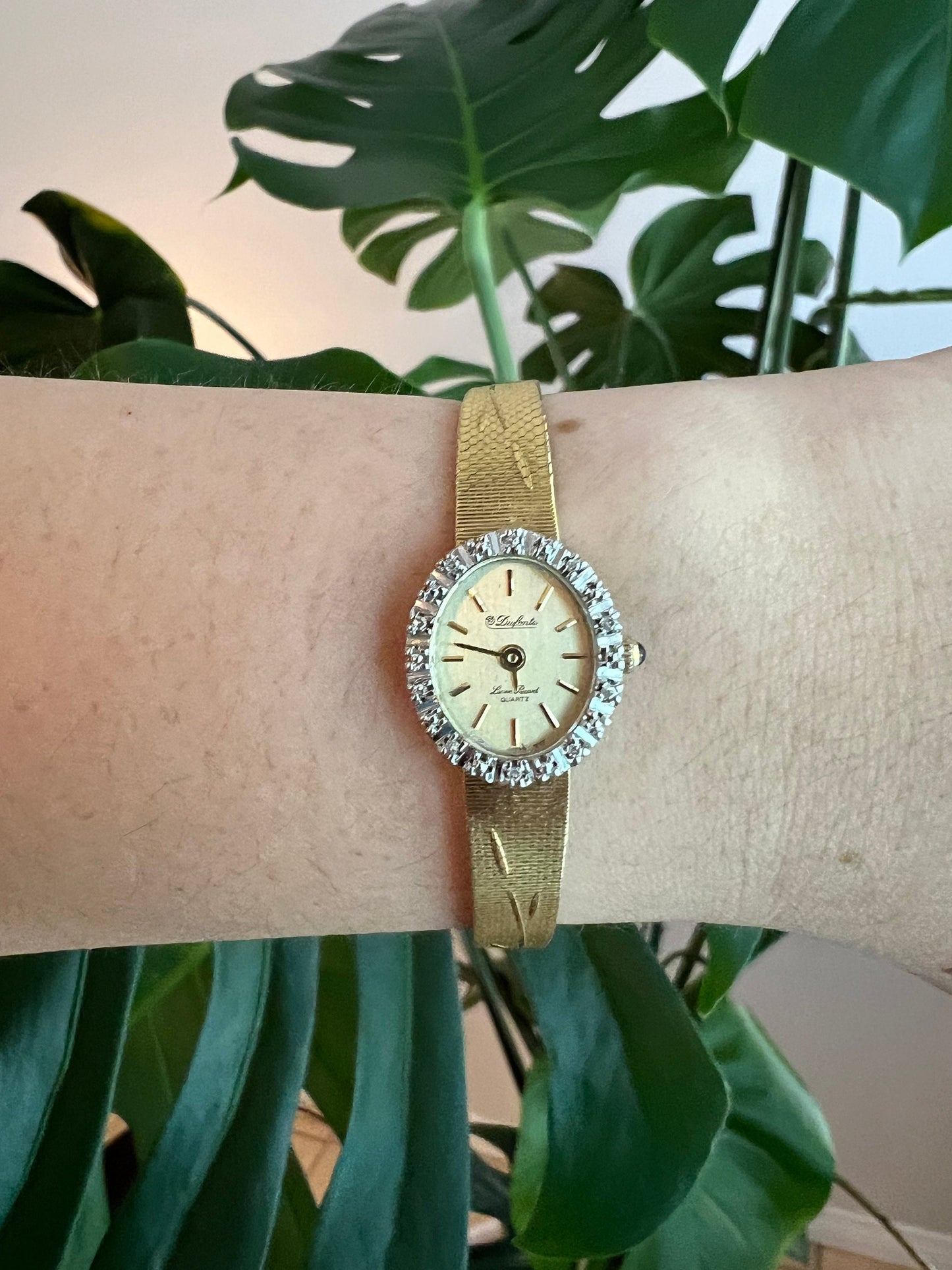 Vintage Dainty Dufonte Women’s Watch | Oval Gold Dial | Crystal Bezel | Gold Tone