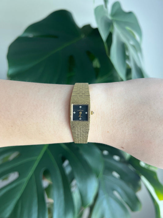 Vintage Lady Elgin Dainty Watch | Black Square Dial | Gold Tone | Non-Working