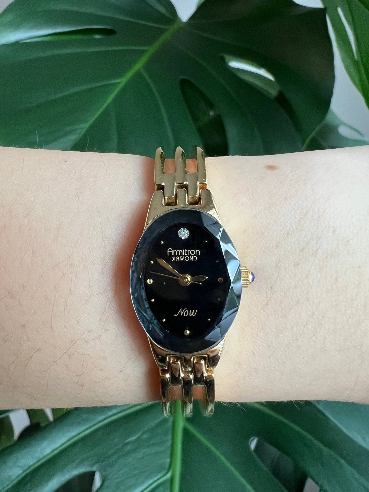 Vintage Armitron Diamond Dainty Women’s Watch | Black Oval Dial | Gold Tone