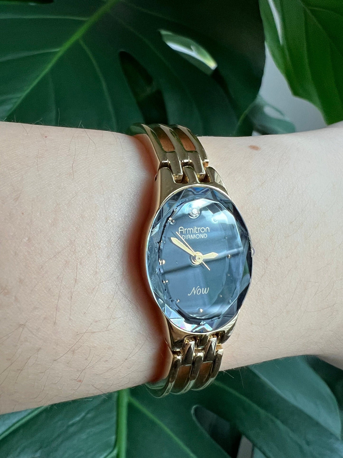 Vintage Armitron Diamond Dainty Women’s Watch | Black Oval Dial | Gold Tone