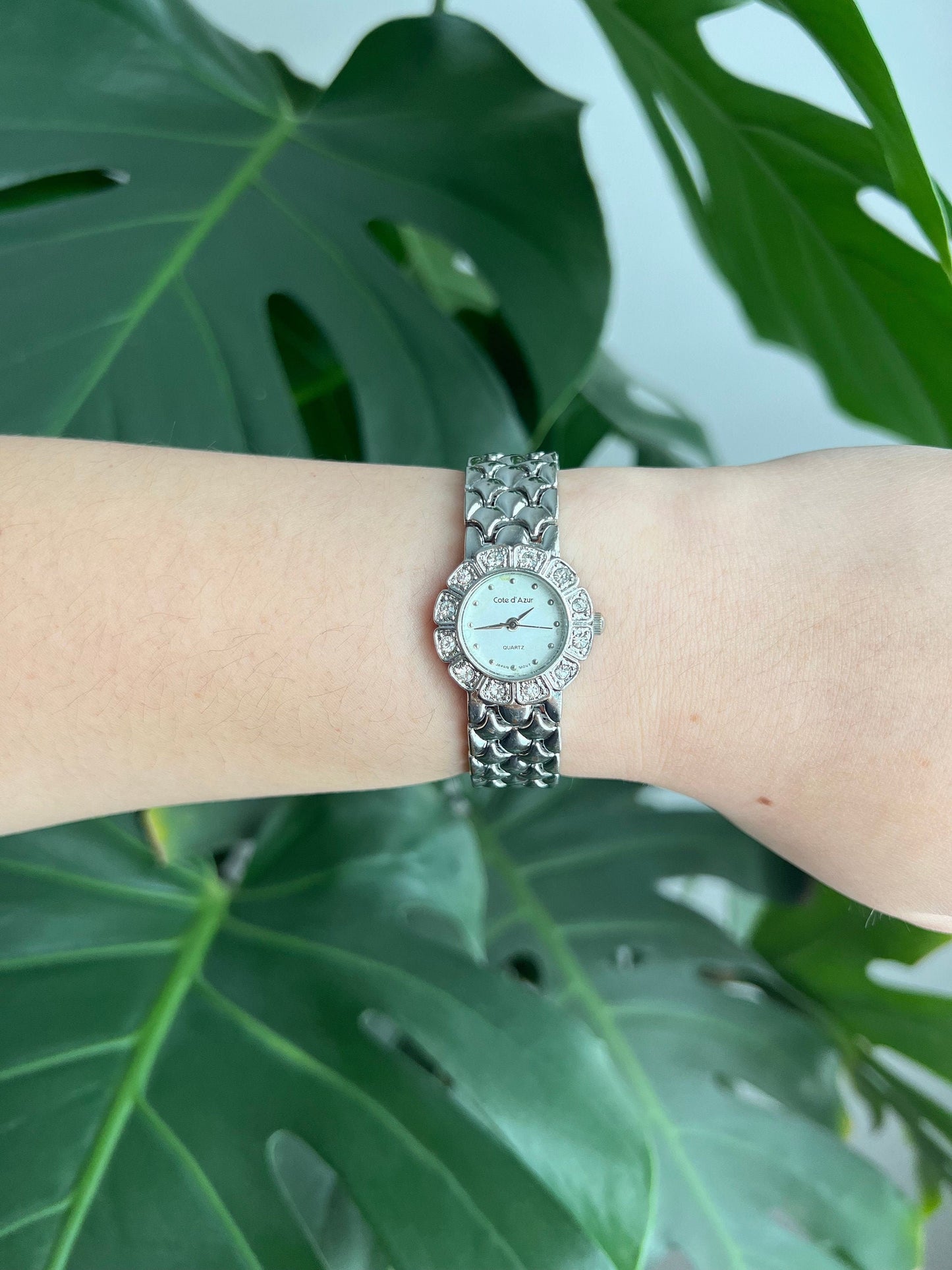 Vintage Cote d’ Azur Women’s Watch | Round Dial | Flower Crystal Bezel | Silver Tone