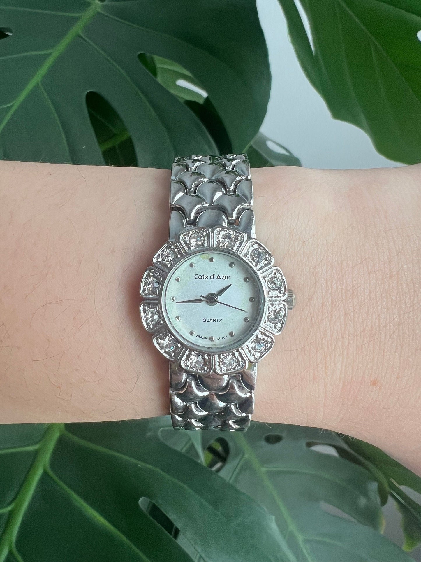 Vintage Cote d’ Azur Women’s Watch | Round Dial | Flower Crystal Bezel | Silver Tone