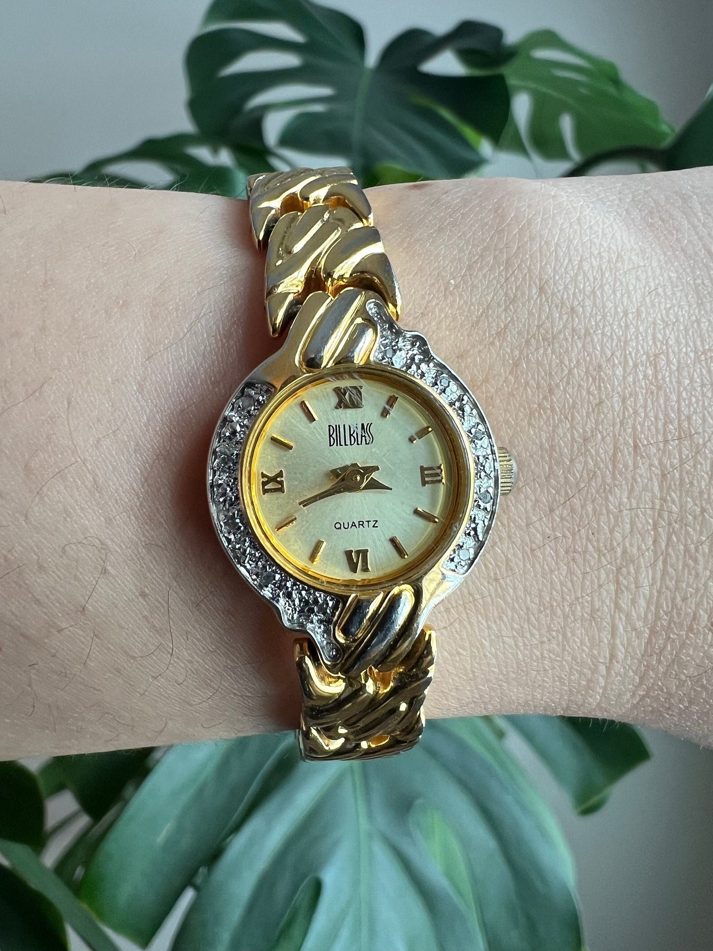 Vintage Bill Blass Dainty Women’s Watch | Round Gold Dial | Crystal Bezel | Gold Tone