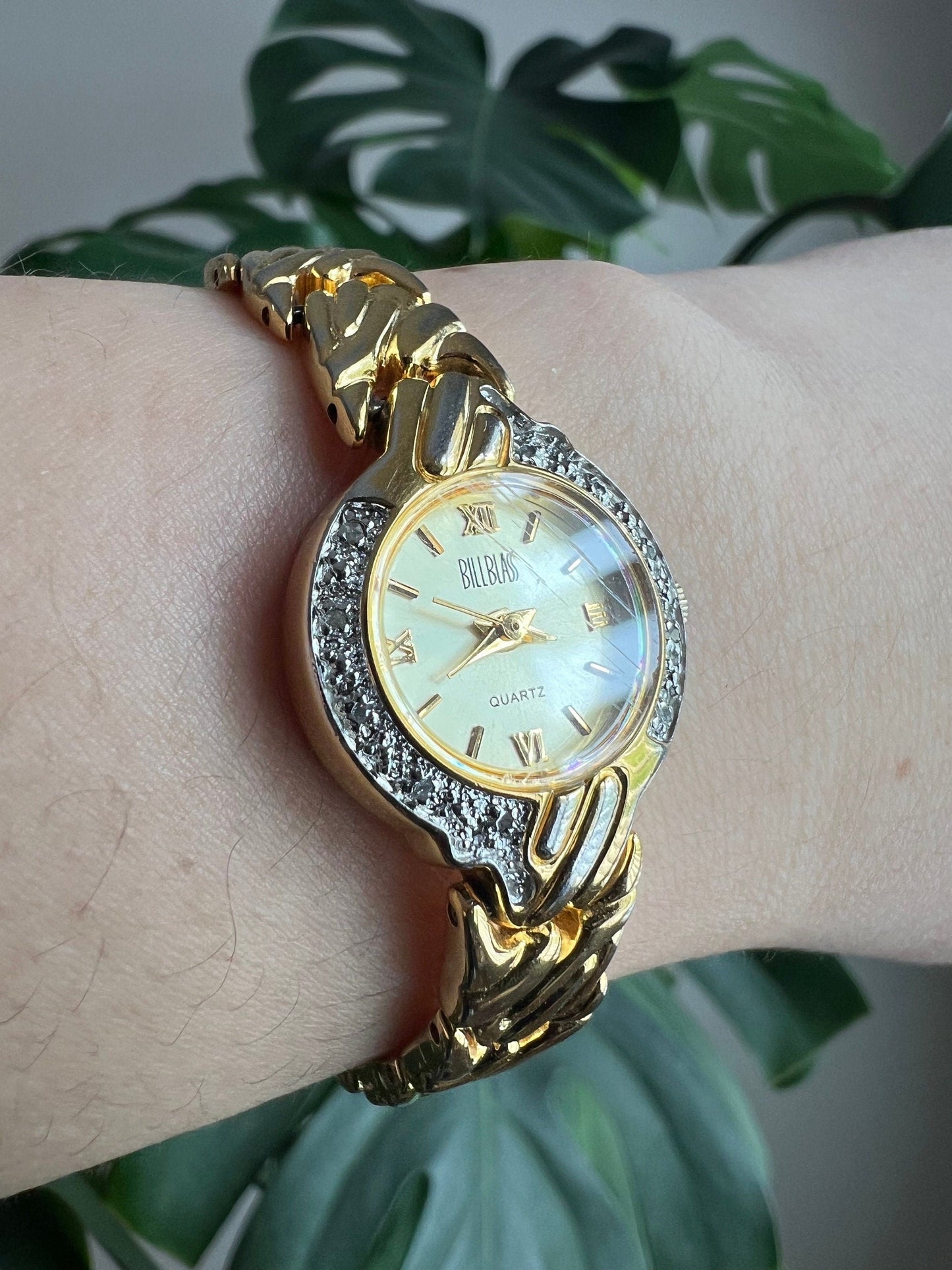 Vintage Bill Blass Dainty Women’s Watch | Round Gold Dial | Crystal Bezel | Gold Tone