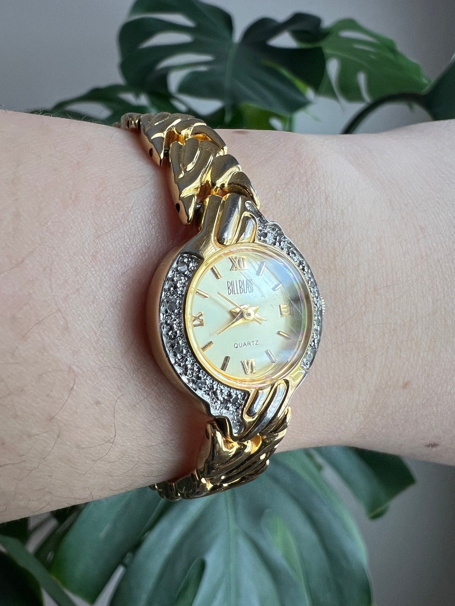 Vintage Bill Blass Dainty Women’s Watch | Round Gold Dial | Crystal Bezel | Gold Tone