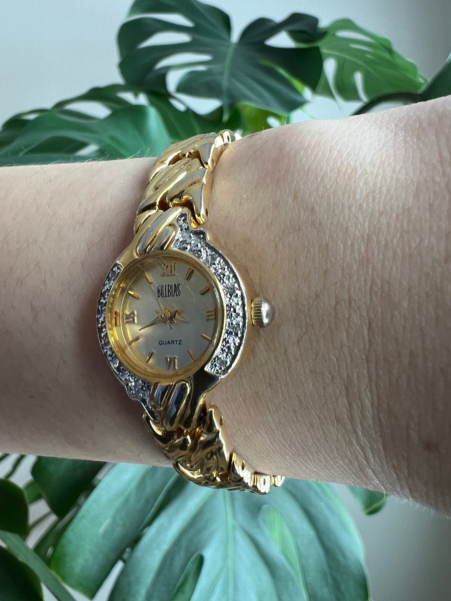 Vintage Bill Blass Dainty Women’s Watch | Round Gold Dial | Crystal Bezel | Gold Tone