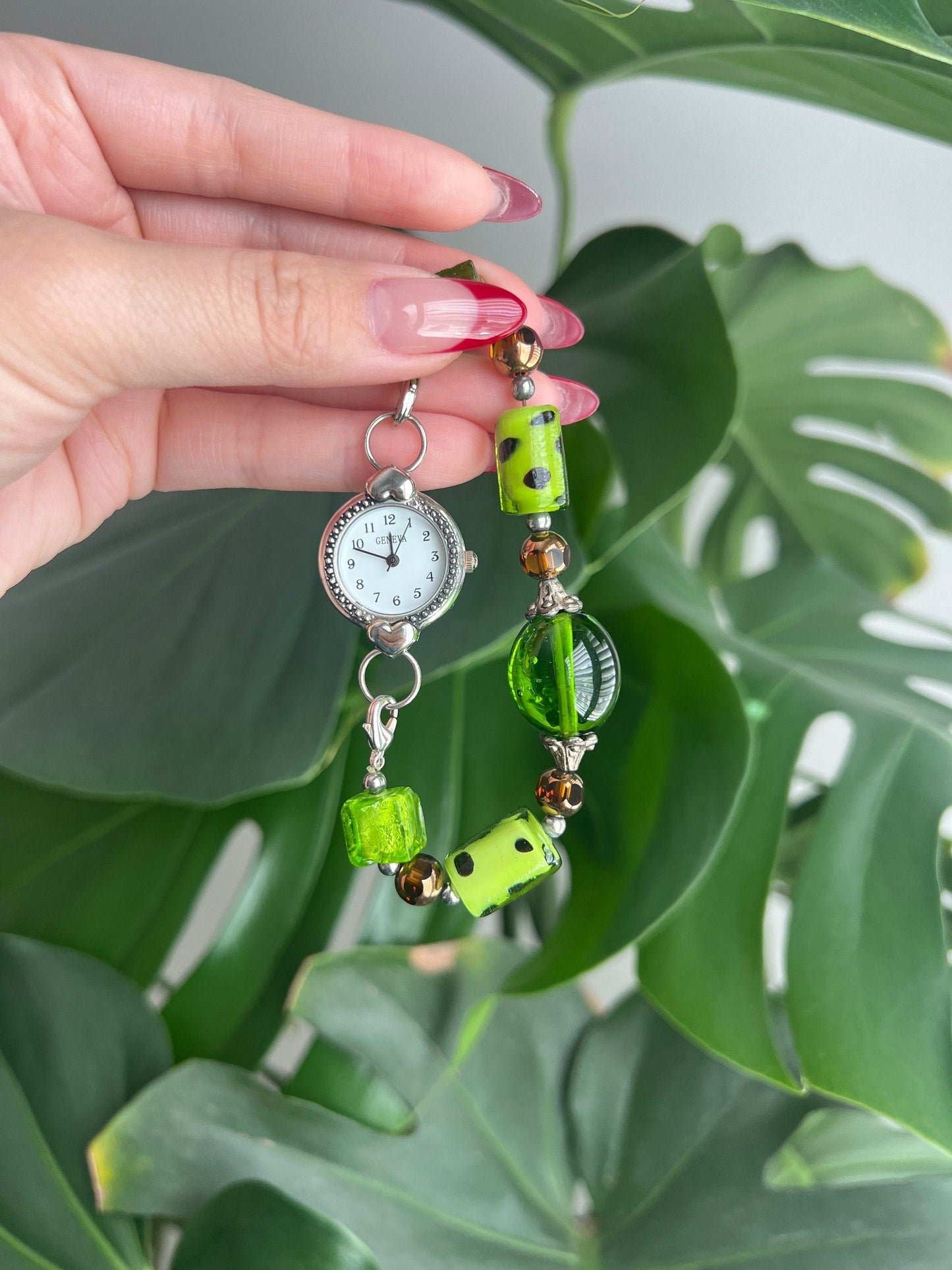 Vintage Geneva Bracelet Watch | Round White Dial | Heart Bezel Detail | Green Beads | Silver Tone