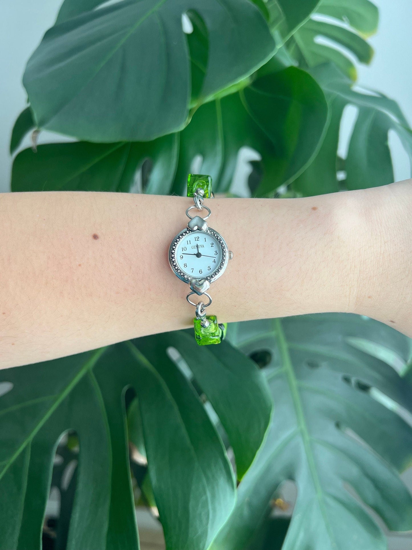 Vintage Geneva Bracelet Watch | Round White Dial | Heart Bezel Detail | Green Beads | Silver Tone