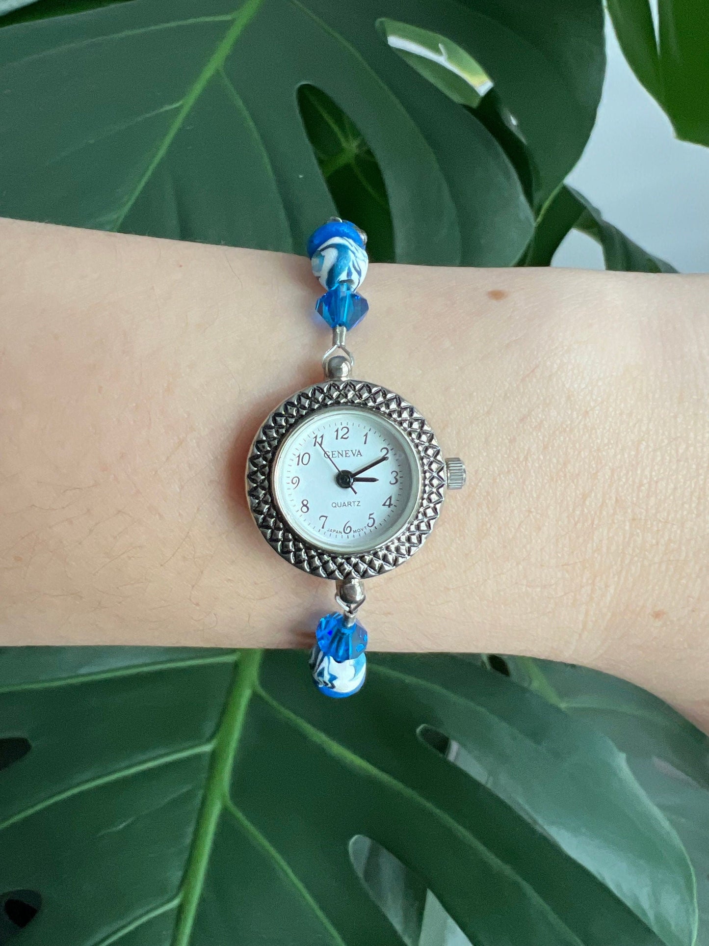 Vintage Geneva Dainty Women’s Watch | Round White Dial | Blue/White Bead Details | Silver Tone