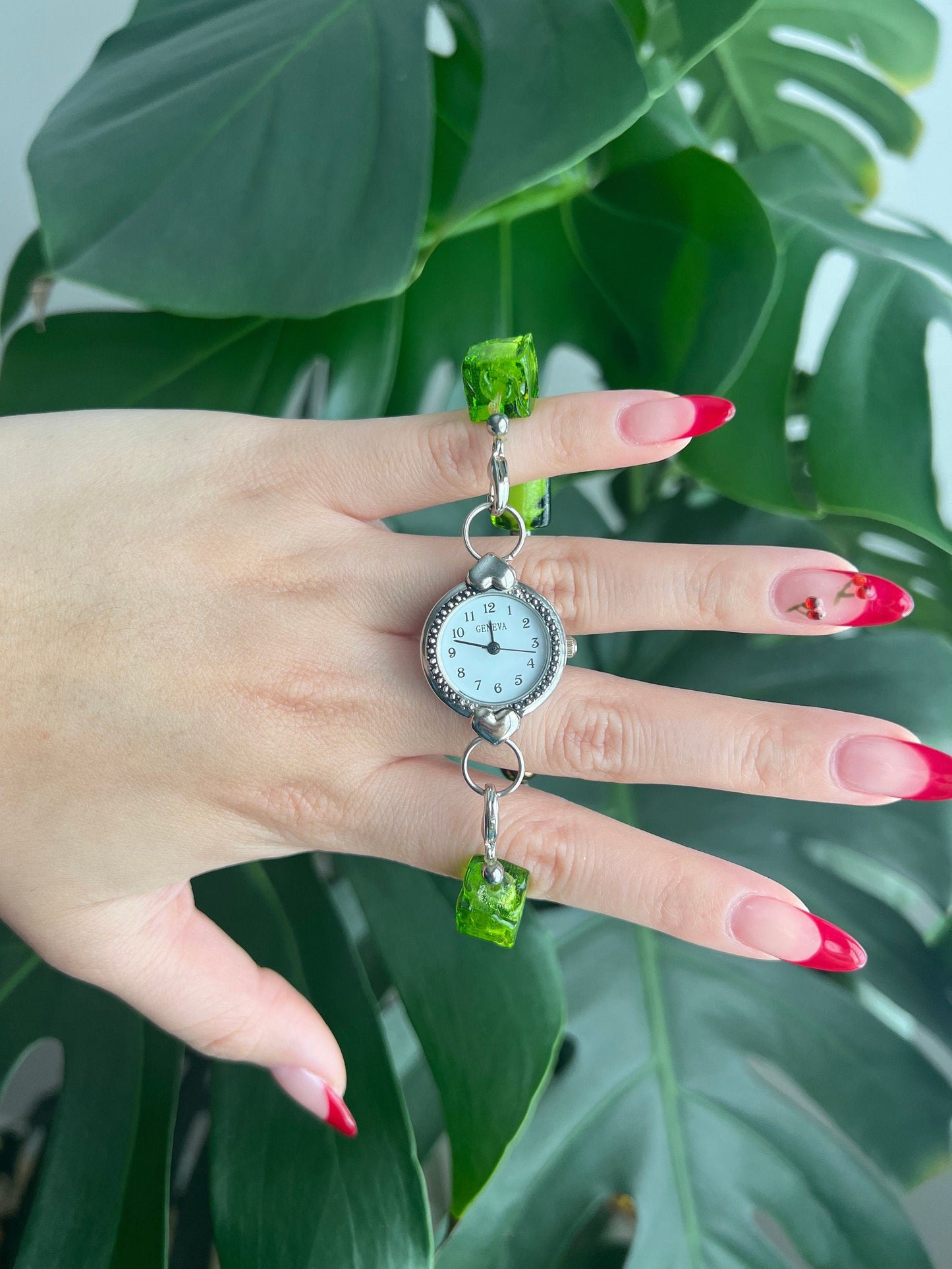 Vintage Geneva Bracelet Watch | Round White Dial | Heart Bezel Detail | Green Beads | Silver Tone