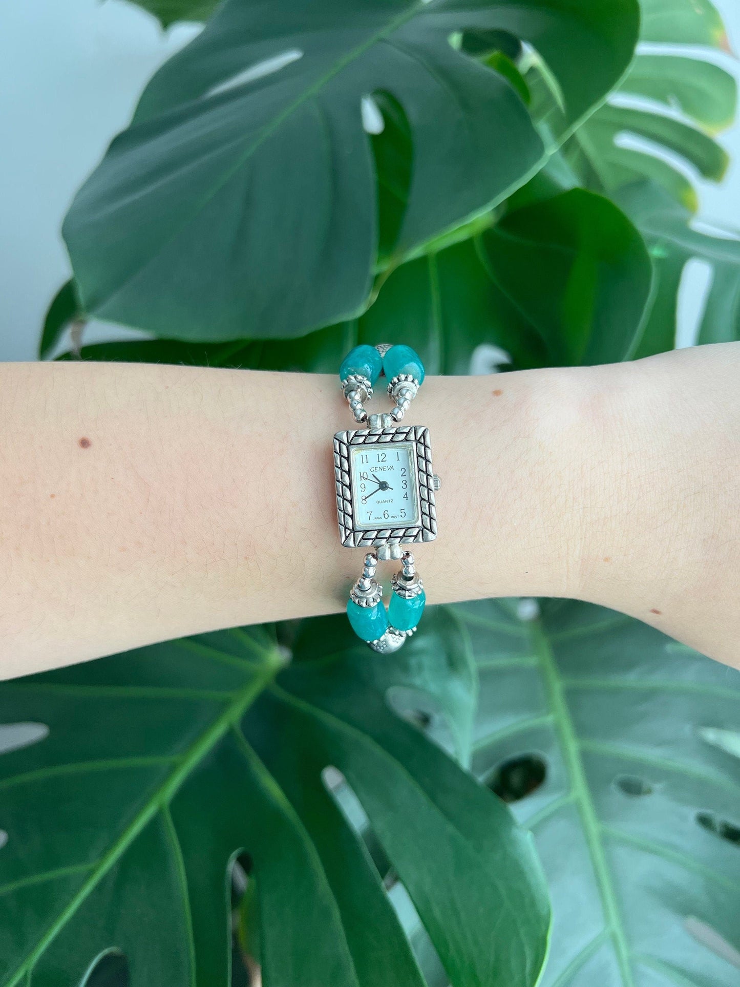 Vintage Geneva Bracelet Watch | Rectangle White Dial | Teal Beads | Silver Tone