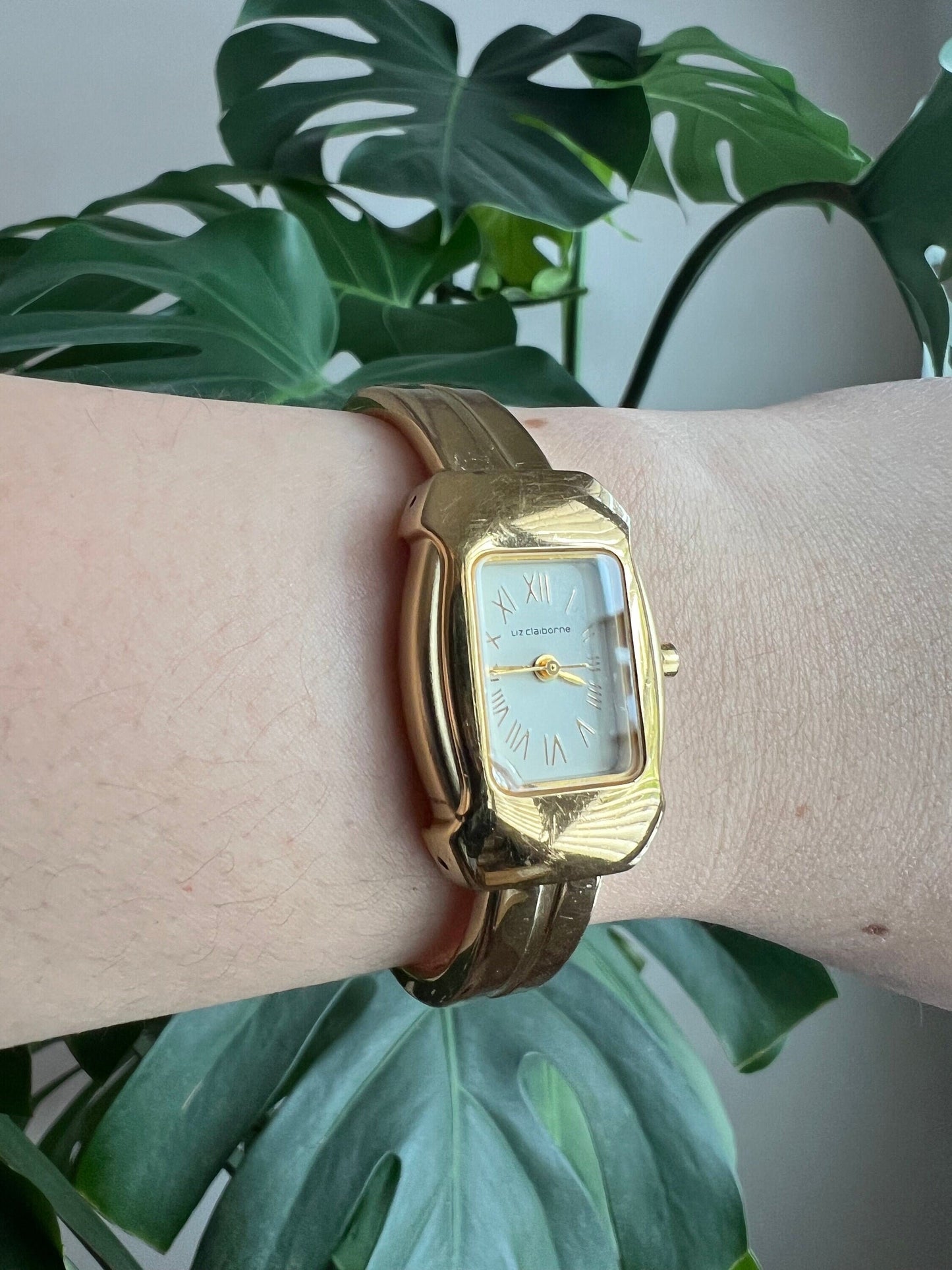 Vintage Liz Claiborne Dainty Women’s Watch | Boxy White Dial | Roman Numerals | Gold Tone | Bangle