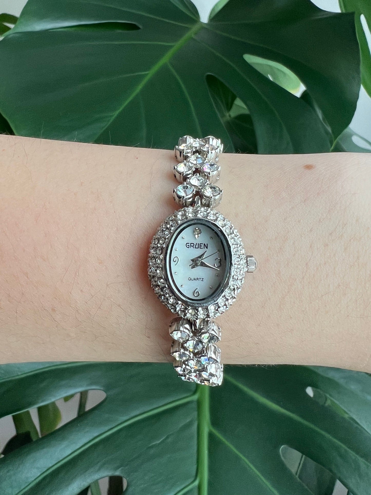 Vintage Gruen Dainty Women’s Watch | White Oval Dial | Crystal Bezel/Strap | Silver Tone