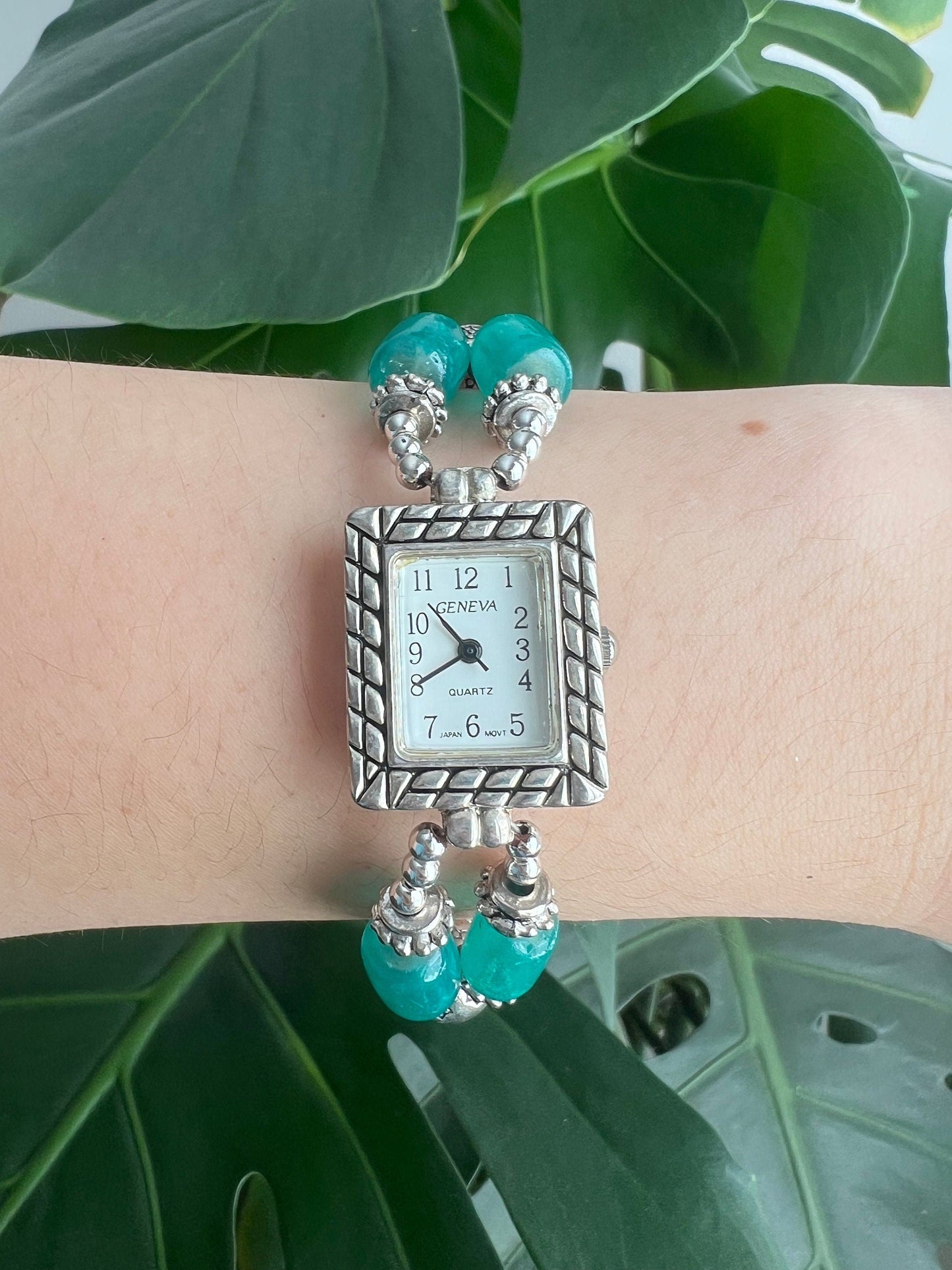 Vintage Geneva Bracelet Watch | Rectangle White Dial | Teal Beads | Silver Tone