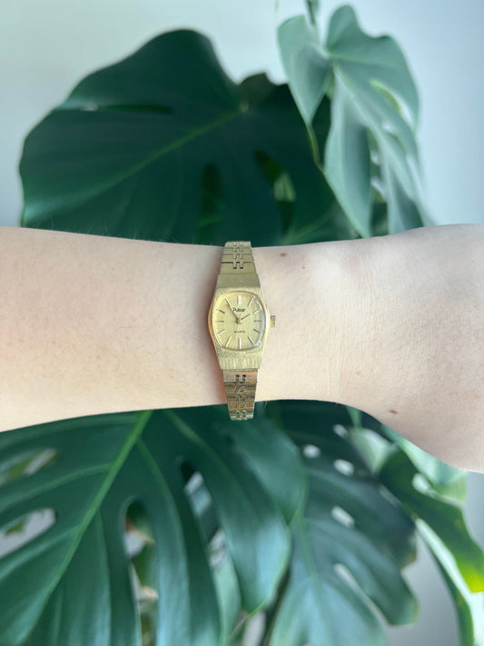 Vintage Pulsar Dainty Women’s Watch | Boxy Gold Dial | Gold Tone