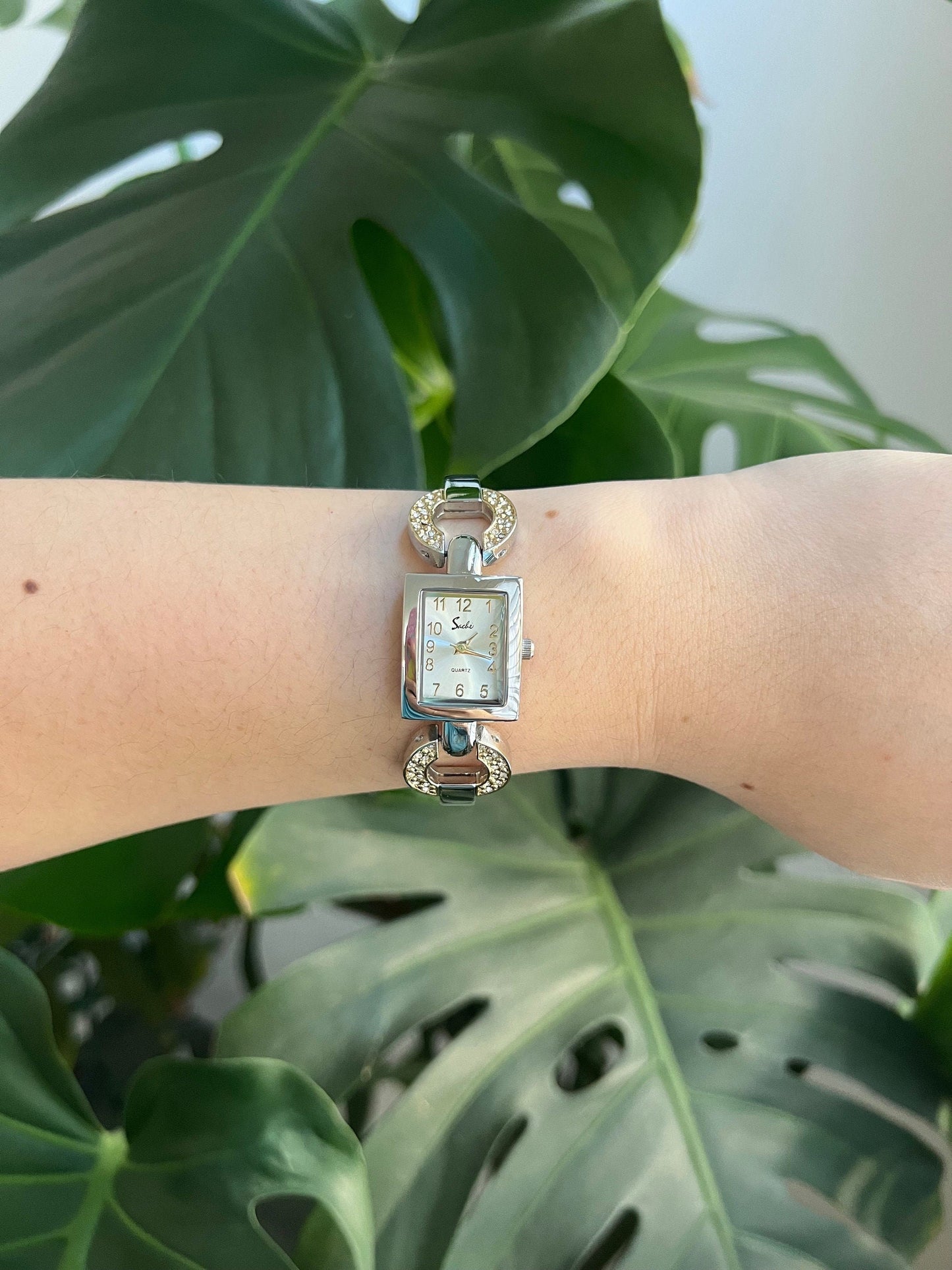 Vintage Sachi Dainty Watch | Crystal Details | Rectangle Dial | Silver/Gold Tone