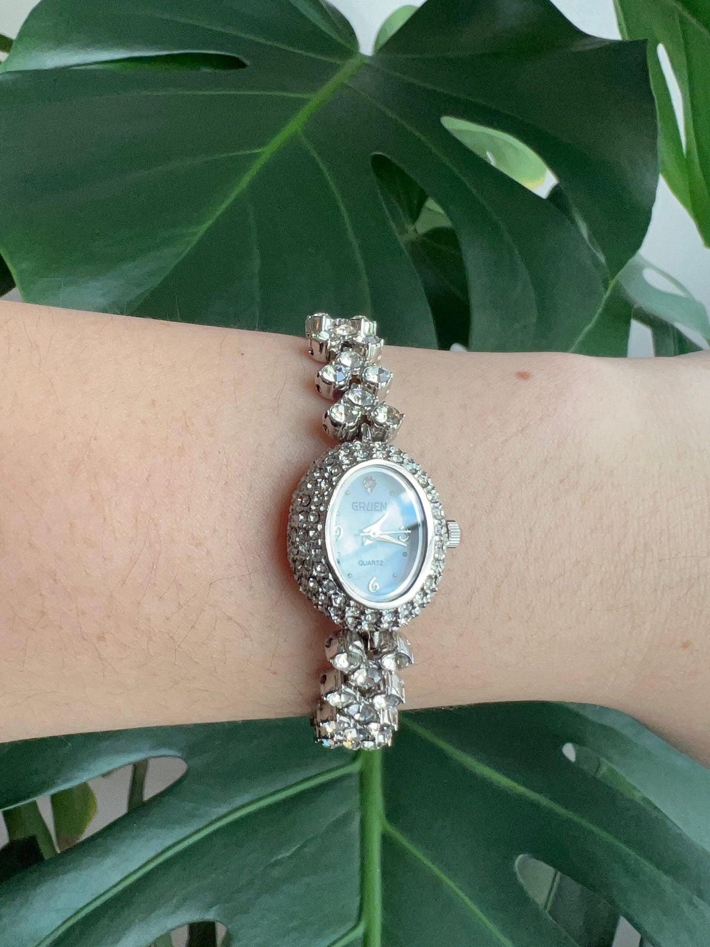 Vintage Gruen Dainty Women’s Watch | White Oval Dial | Crystal Bezel/Strap | Silver Tone