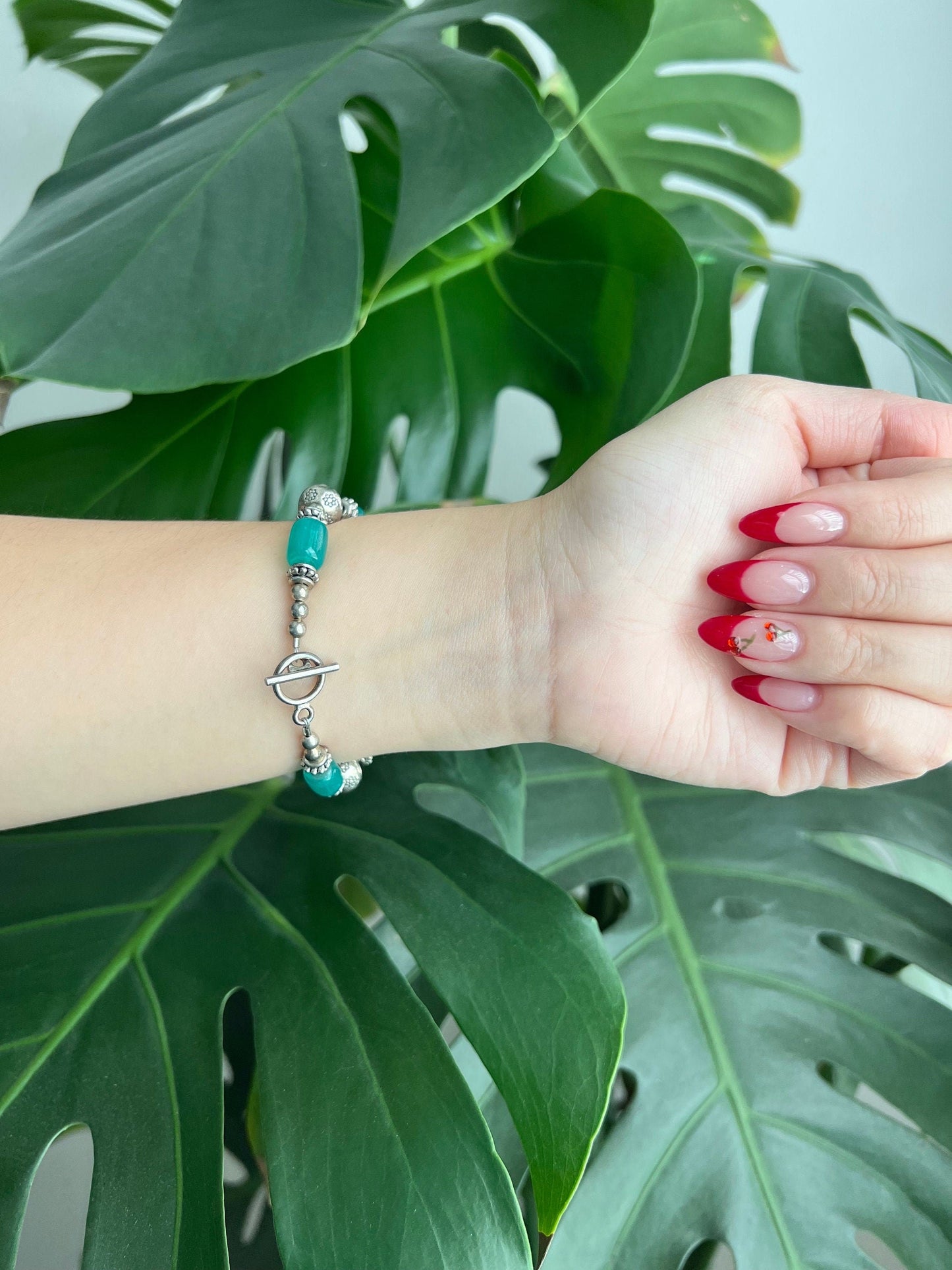 Vintage Geneva Bracelet Watch | Rectangle White Dial | Teal Beads | Silver Tone