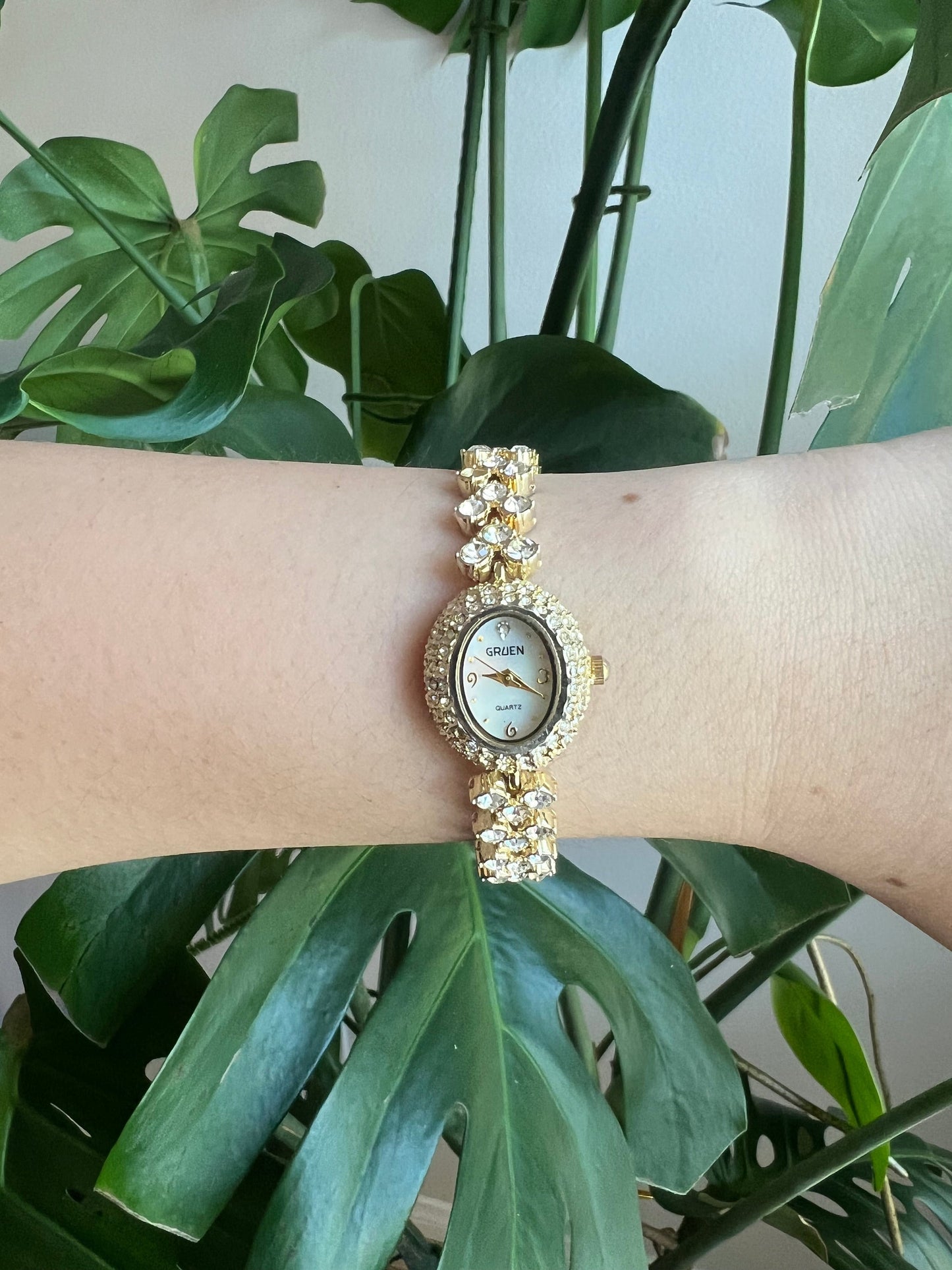 Vintage Dainty Gruen Women’s Watch | Oval Mother of Pearl Dial | Crystal Bezel | Crystal Strap | Gold Tone