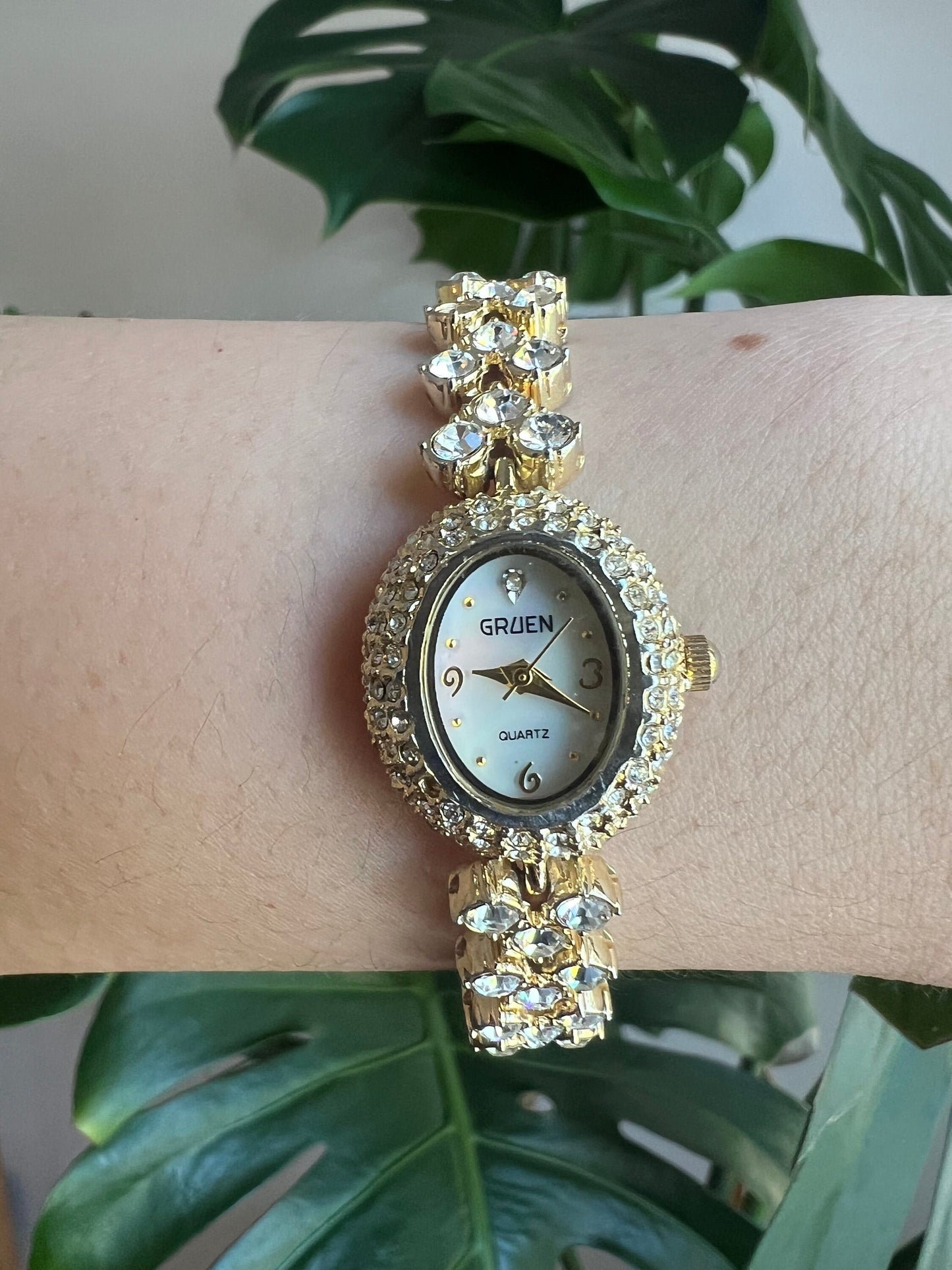 Vintage Dainty Gruen Women’s Watch | Oval Mother of Pearl Dial | Crystal Bezel | Crystal Strap | Gold Tone