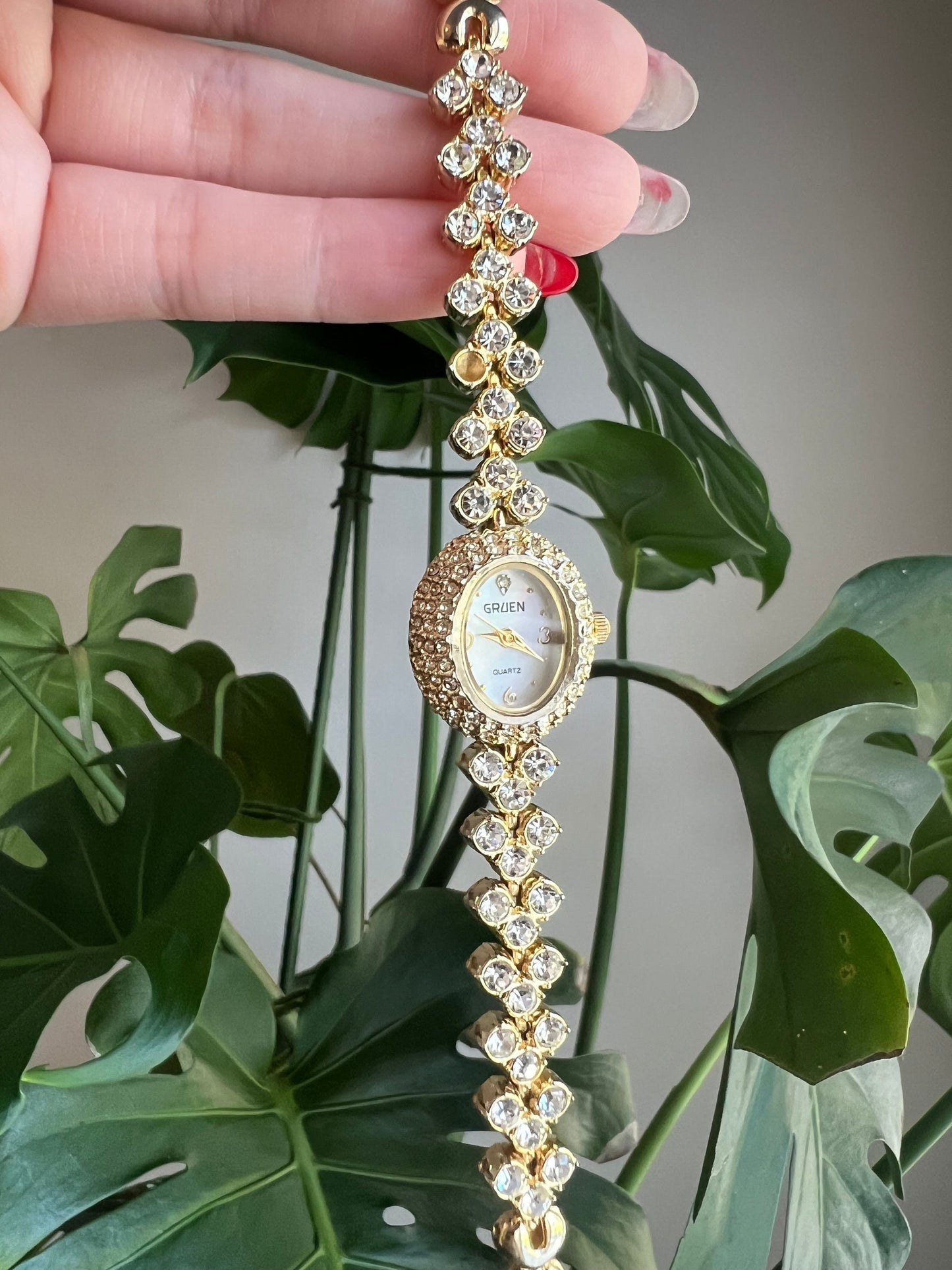 Vintage Dainty Gruen Women’s Watch | Oval Mother of Pearl Dial | Crystal Bezel | Crystal Strap | Gold Tone