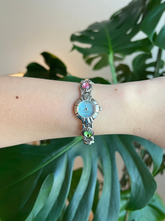 Vintage Quartz Women’s Watch | Round Light Blue Dial | Colorful Gemstones | Silver Tone