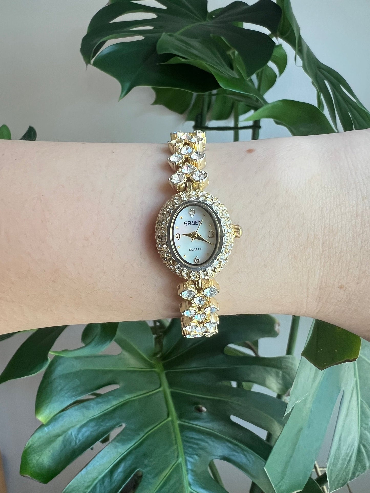 Vintage Dainty Gruen Women’s Watch | Oval Mother of Pearl Dial | Crystal Bezel | Crystal Strap | Gold Tone