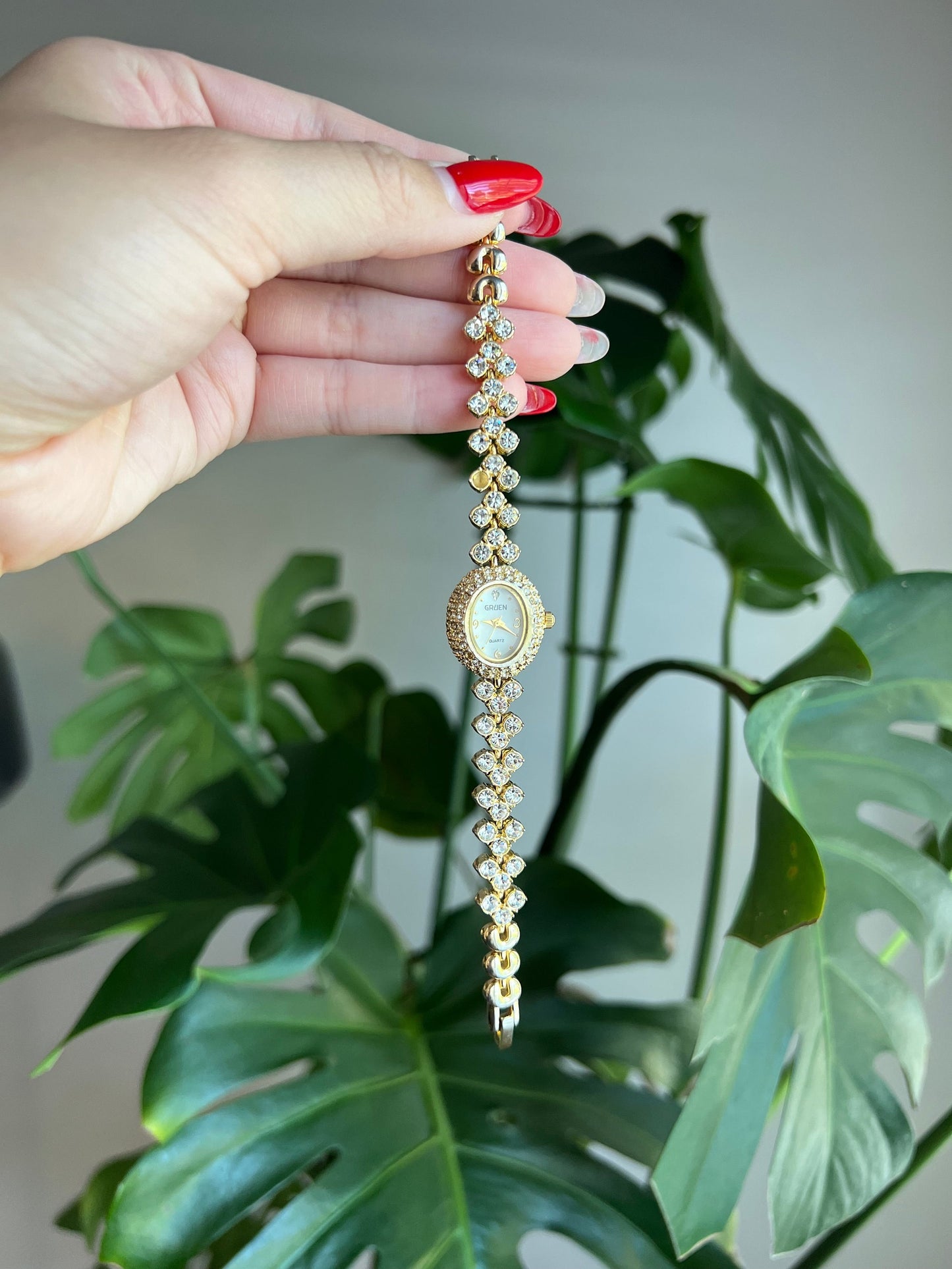 Vintage Dainty Gruen Women’s Watch | Oval Mother of Pearl Dial | Crystal Bezel | Crystal Strap | Gold Tone