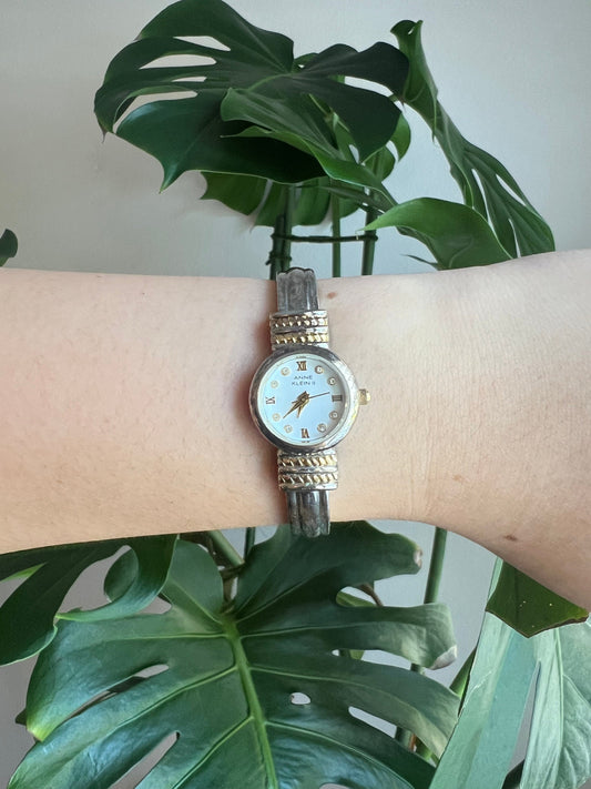 Vintage Anne Klein Dainty Women’s Watch | Round White Dial | Silver/Gold Tone | Bangle Hinge