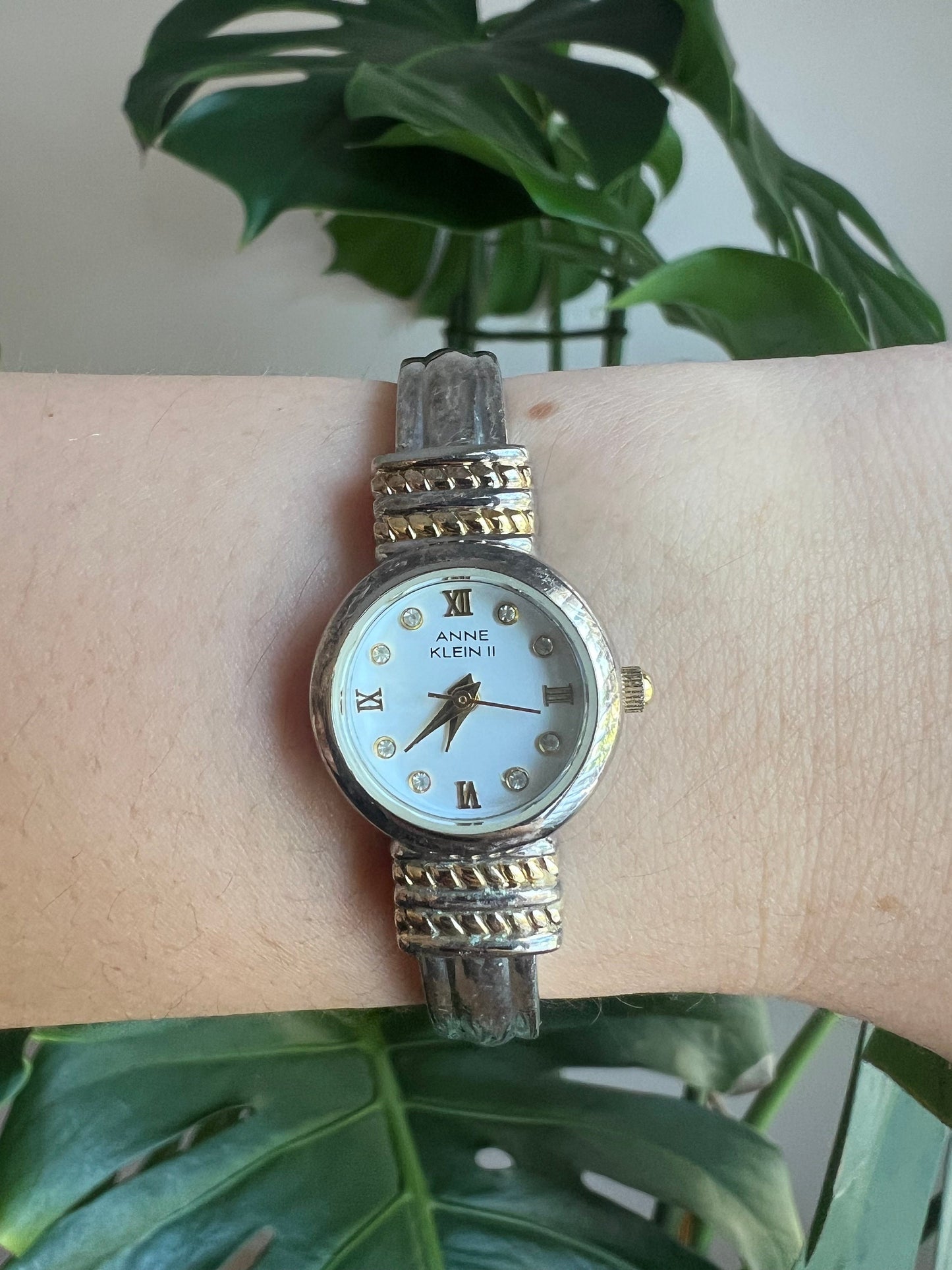 Vintage Anne Klein Dainty Women’s Watch | Round White Dial | Silver/Gold Tone | Bangle Hinge