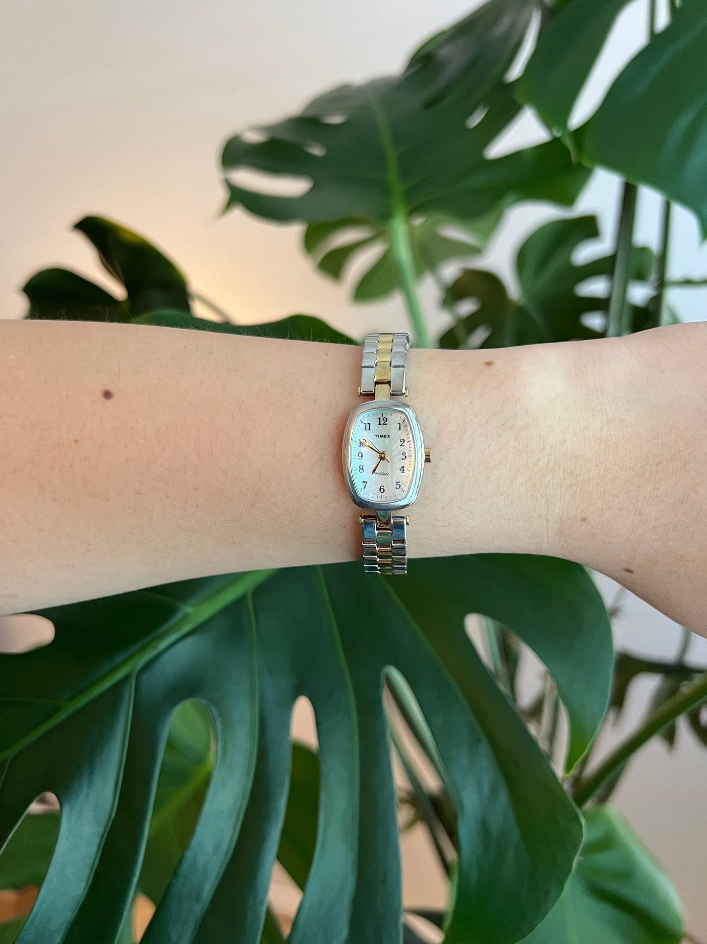 Vintage Timex Dainty Women’s Watch | Boxy Mother of Pearl Dial | Silver/Gold Tone | Stretchy Band