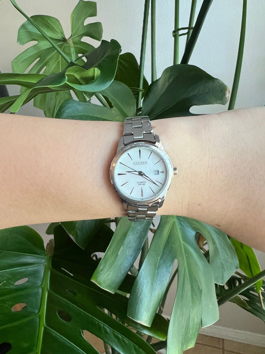 Vintage Citizen Quartz Dainty Women’s Watch | Round White Dial | Date Feature | Silver Tone