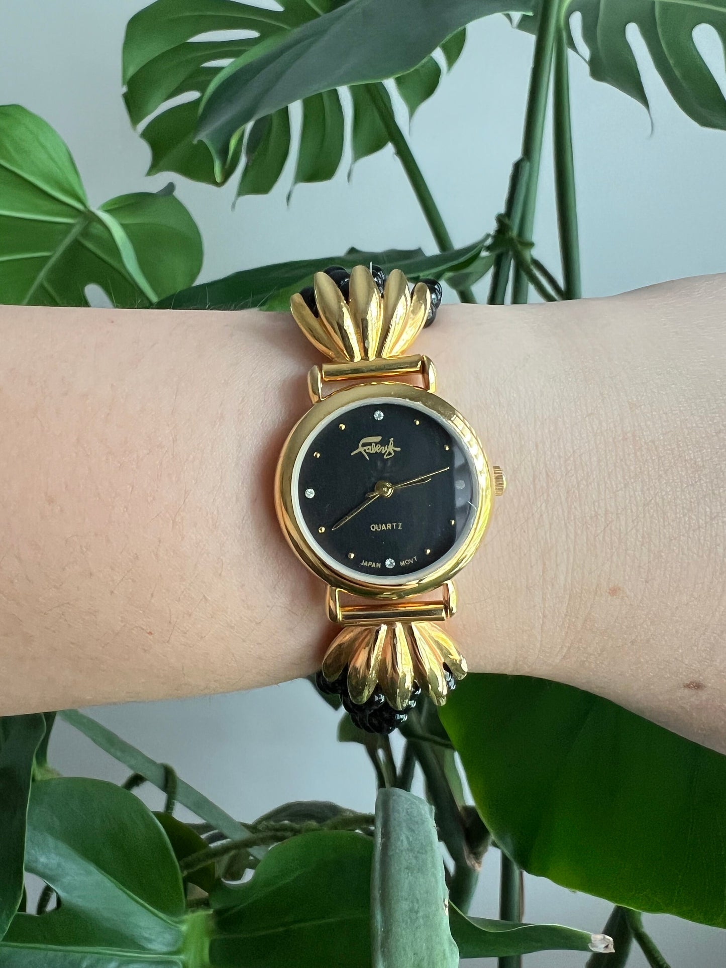 Vintage Faberge Women’s Watch | Round Black Dial | Gold Tone | Beaded Black Band | NON-WORKING