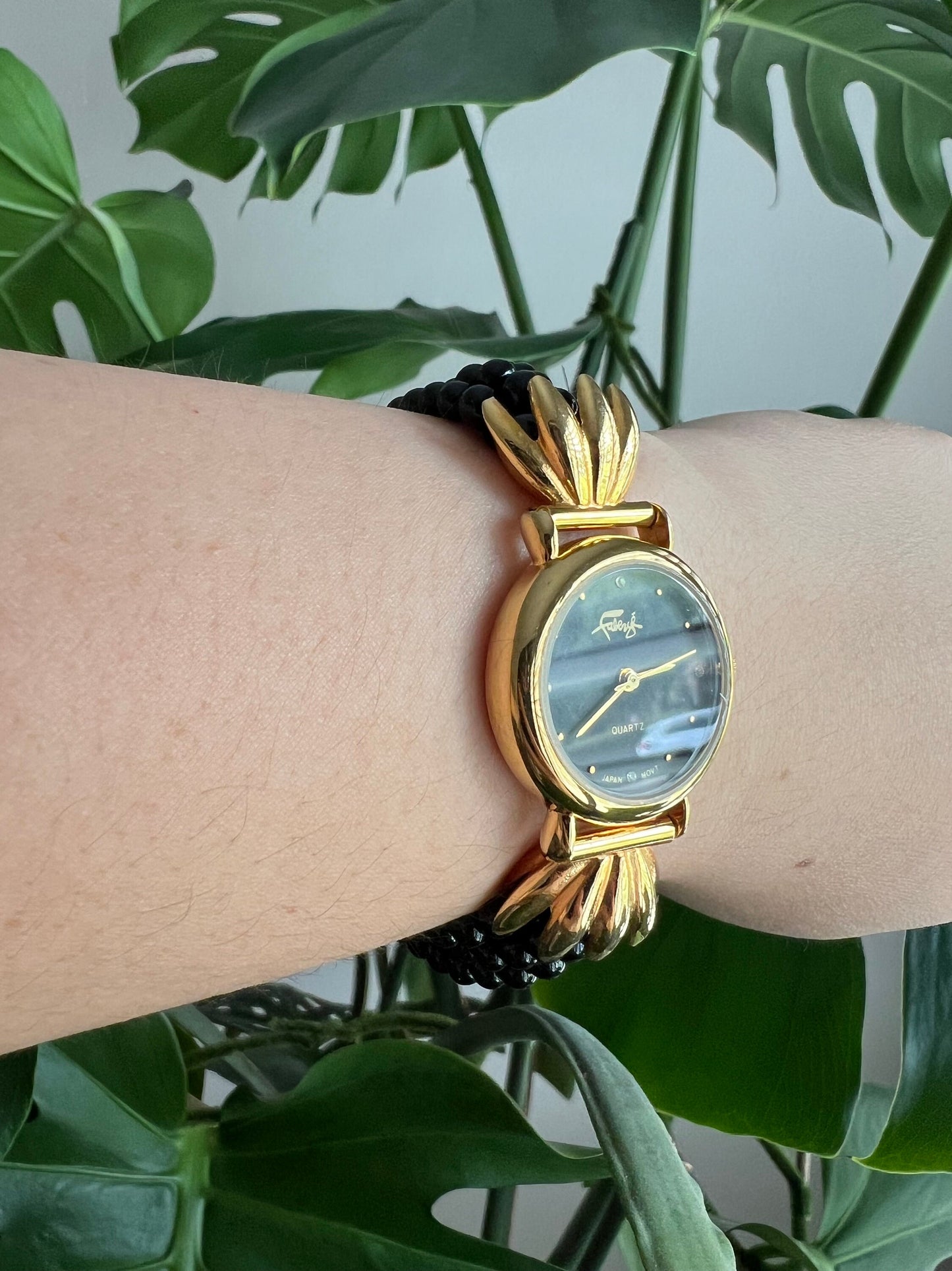 Vintage Faberge Women’s Watch | Round Black Dial | Gold Tone | Beaded Black Band | NON-WORKING