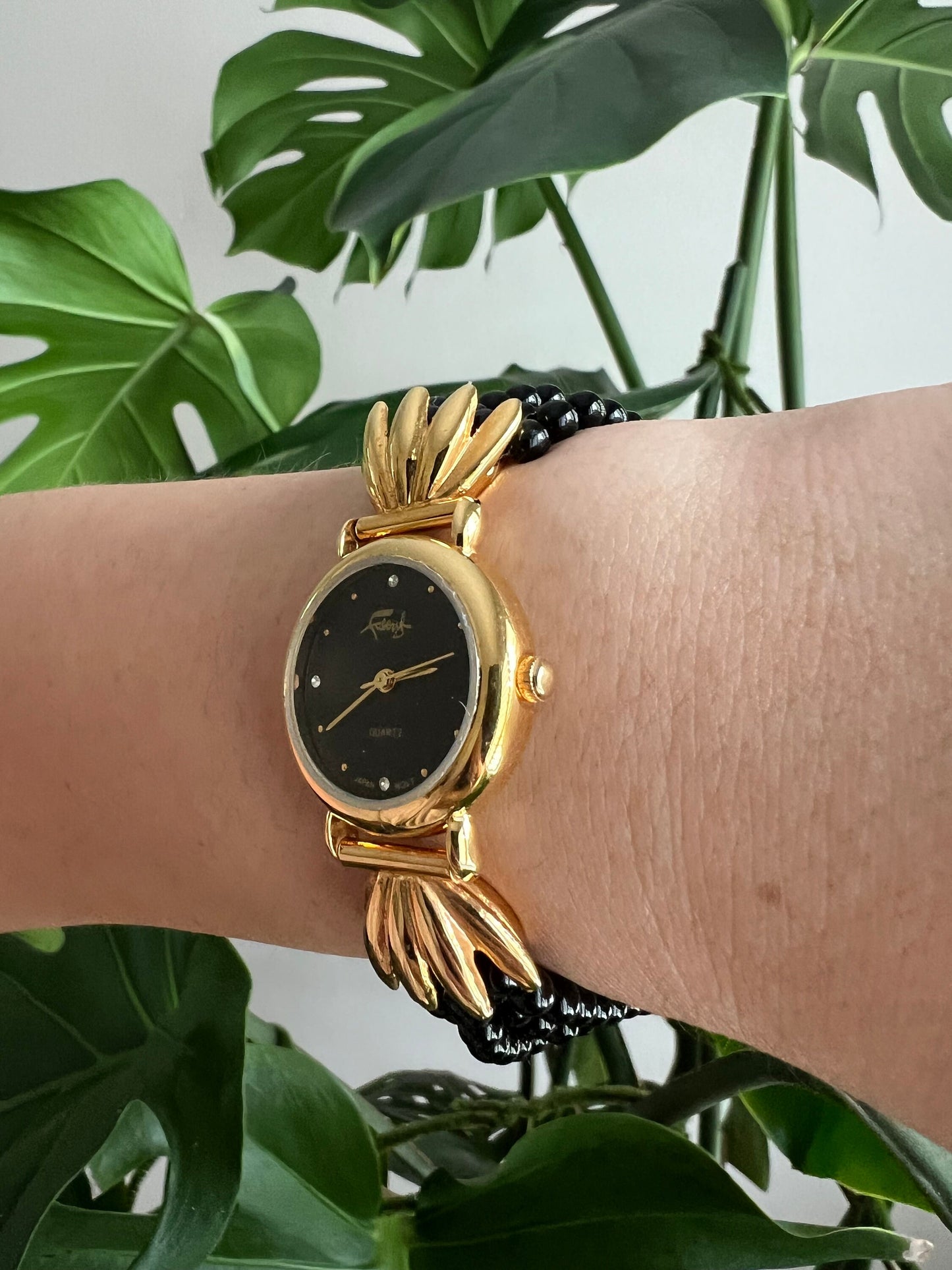 Vintage Faberge Women’s Watch | Round Black Dial | Gold Tone | Beaded Black Band | NON-WORKING