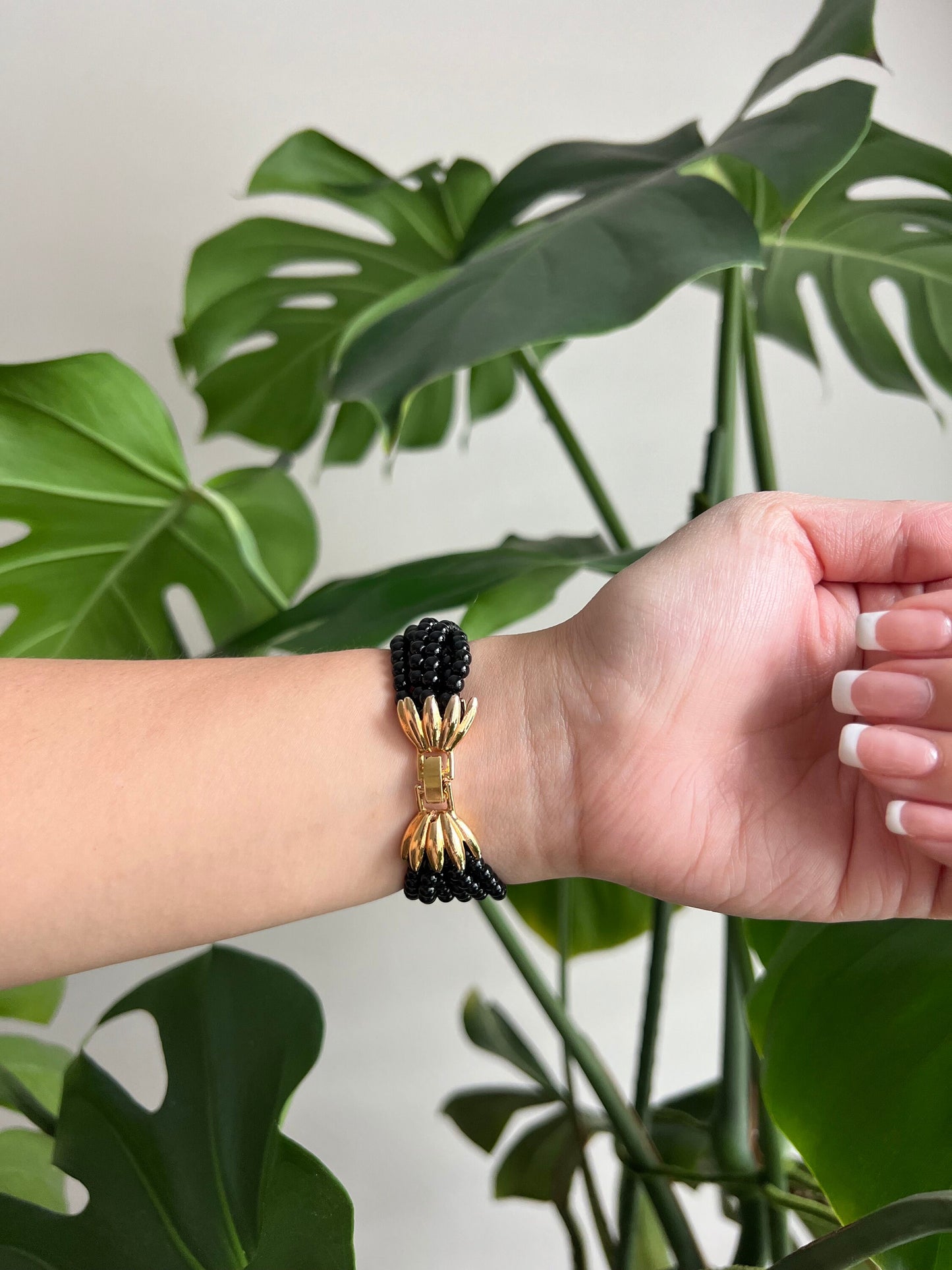 Vintage Faberge Women’s Watch | Round Black Dial | Gold Tone | Beaded Black Band | NON-WORKING