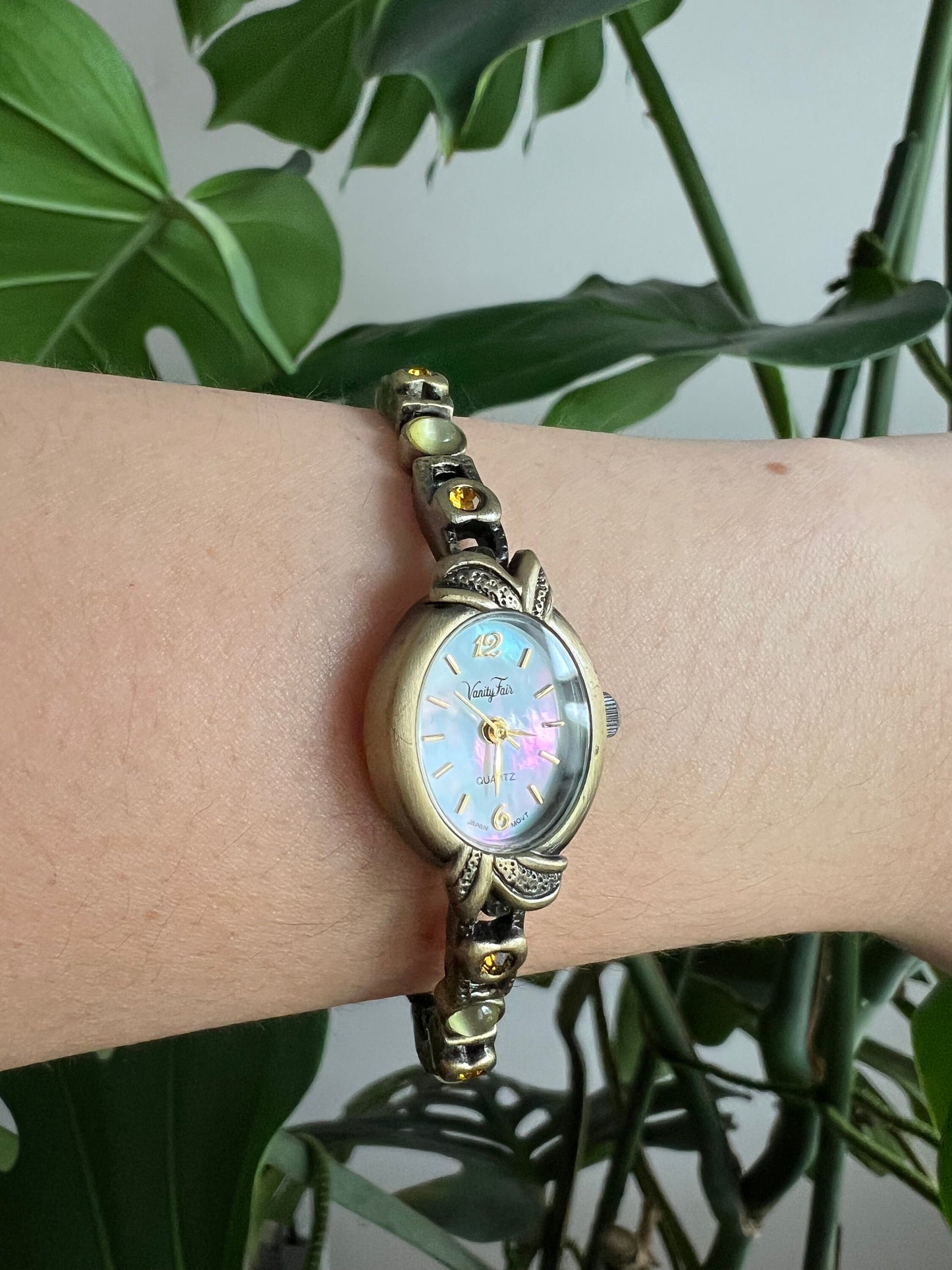 Vintage Vanity Fair Dainty Women’s Watch | Oval Mother of Pearl Dial | Green and Orange Gemstones | Brass Tone