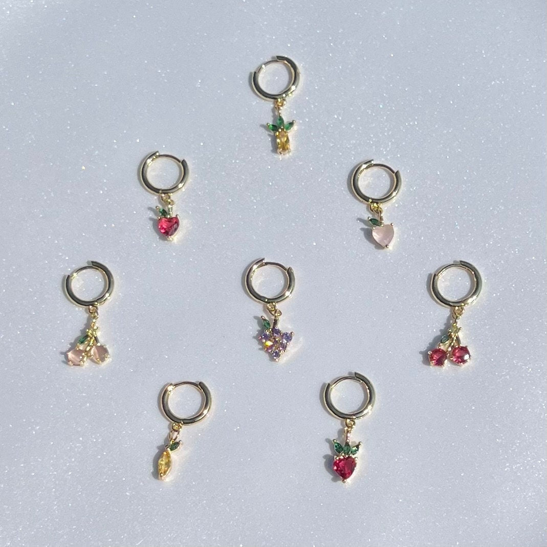 Dainty Fruit Hoop Earrings | Pineapple, Strawberry, Peach, Pink Cherry, Red Cherry, Apple, Lemon, Grape | 18K Gold Filled | Hypoallergenic